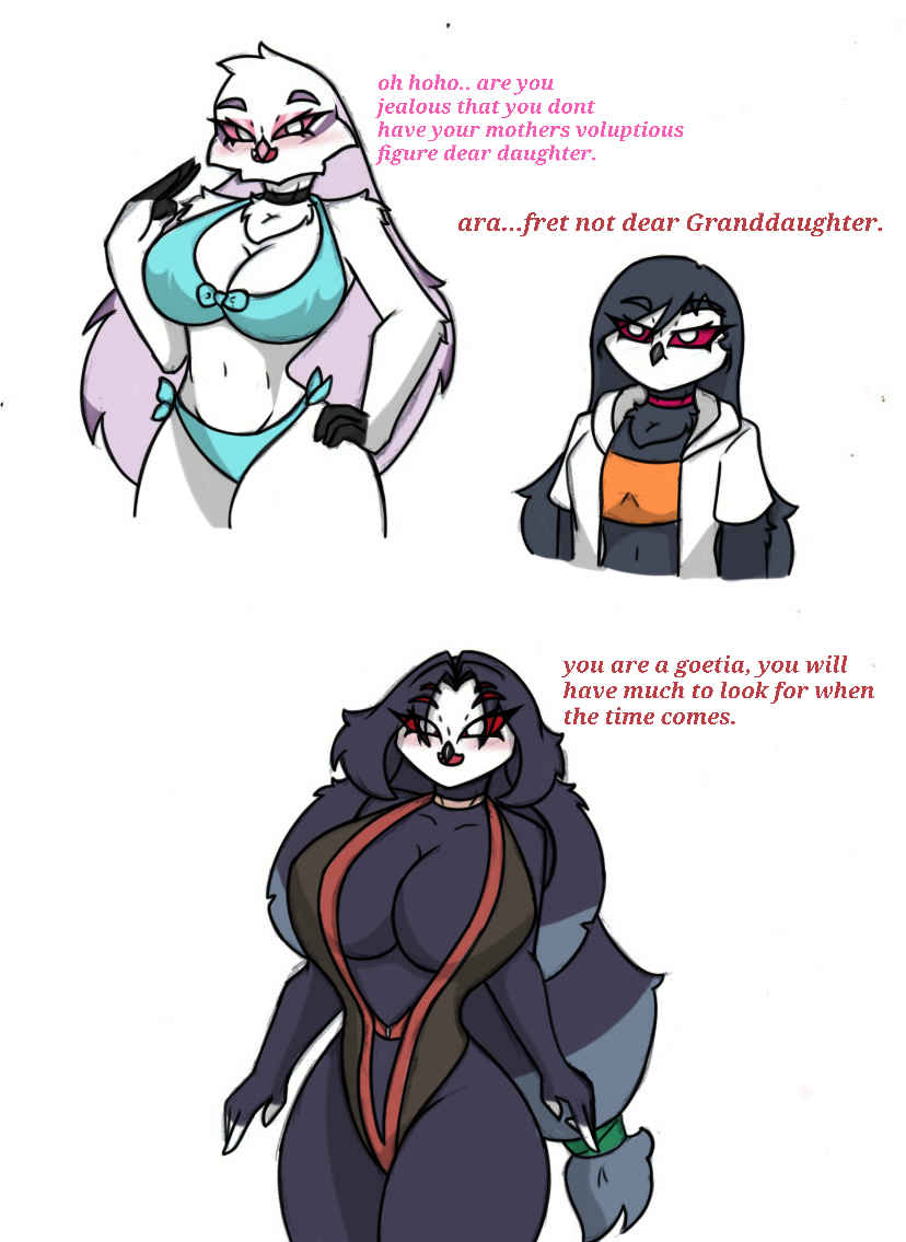 anthro big_breasts blush breasts clothing comic elderly english_text female group helluva_boss mature_female octavia_(helluva_boss) owl_demon pace-maker queen_octavia_(teathekook) small_waist stella_(helluva_boss) swimwear text thick_thighs trio wide_hips