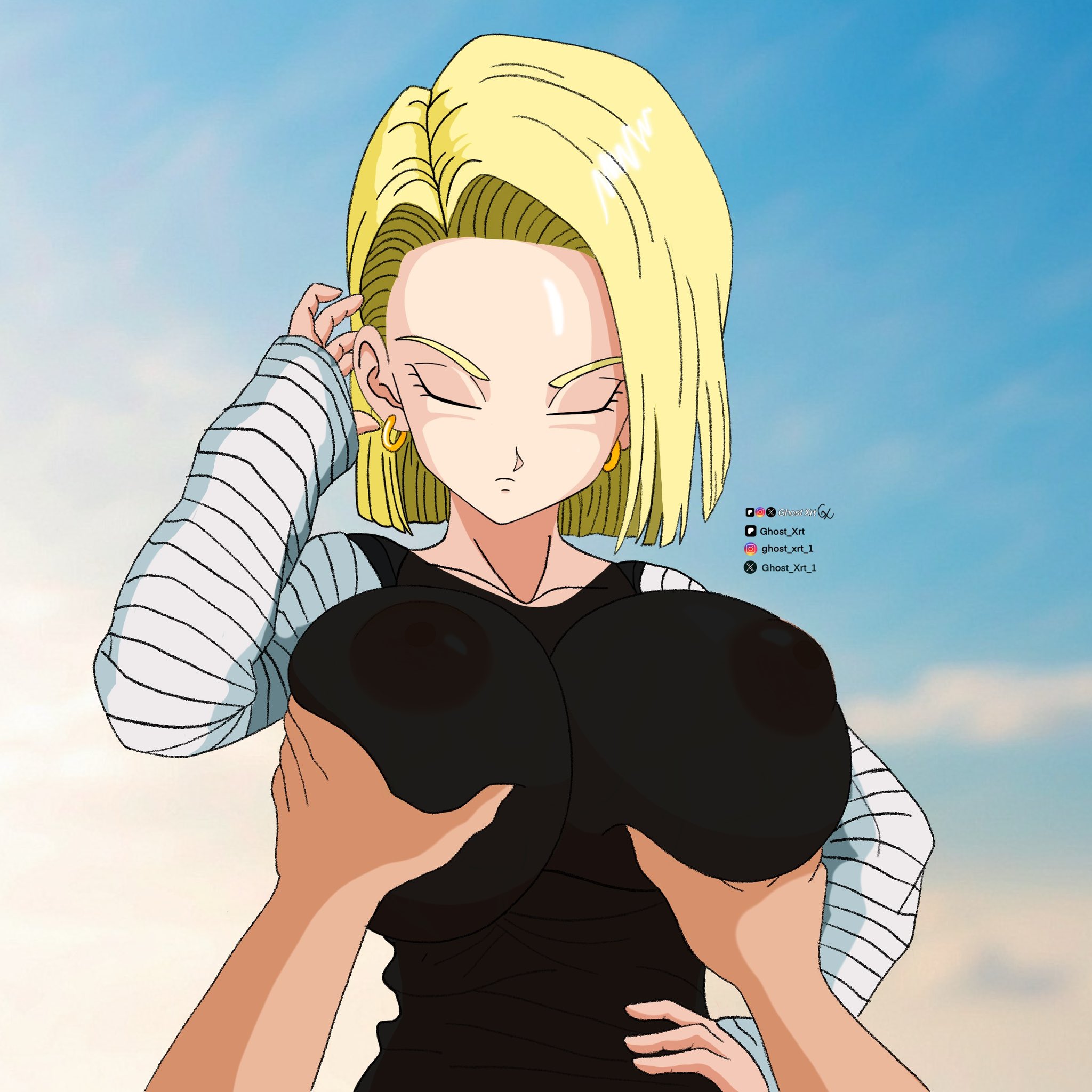 1girls, android 18, blonde, blonde hair, blonde-haired female, breasts, cleavage, curvy, dragon ball, erect nipples, female, ghost xrt, huge areolae, huge breasts, nipples, puffy nipples, short hair, short-haired female, thick lips, voluptuous, yellow hair