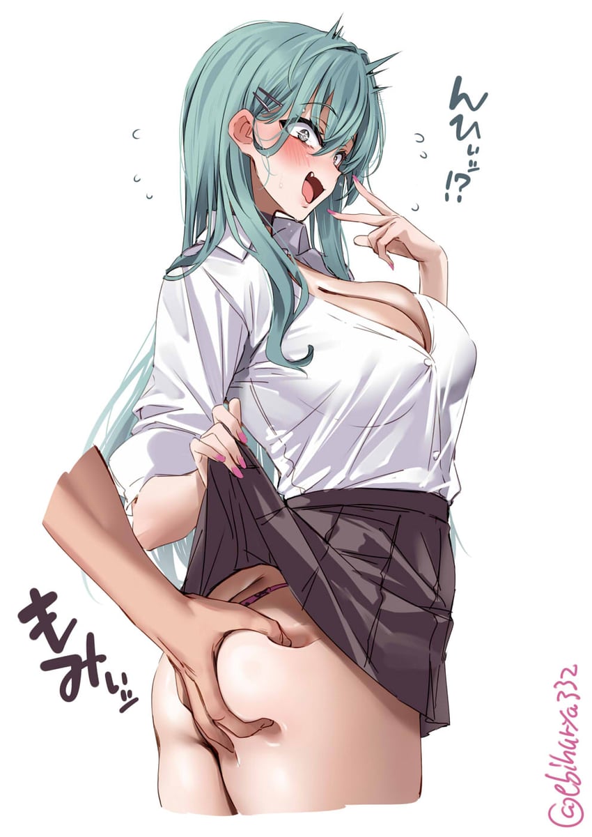 aqua_hair ass ass_grab blush breasts cleavage cropped_legs disembodied_hand ebifurya flying_sweatdrops hair_ornament hairclip kantai_collection large_breasts lifting_own_skirt long_hair looking_at_viewer miniskirt nail_polish open_mouth panties partially_open_shirt partially_unbuttoned pink_nail_polish pink_panties pleated_skirt print_panties shirt sidelocks skirt skirt_lift suprised suzuya_(kantai_collection) thick_thighs thighs upper_teeth white_shirt