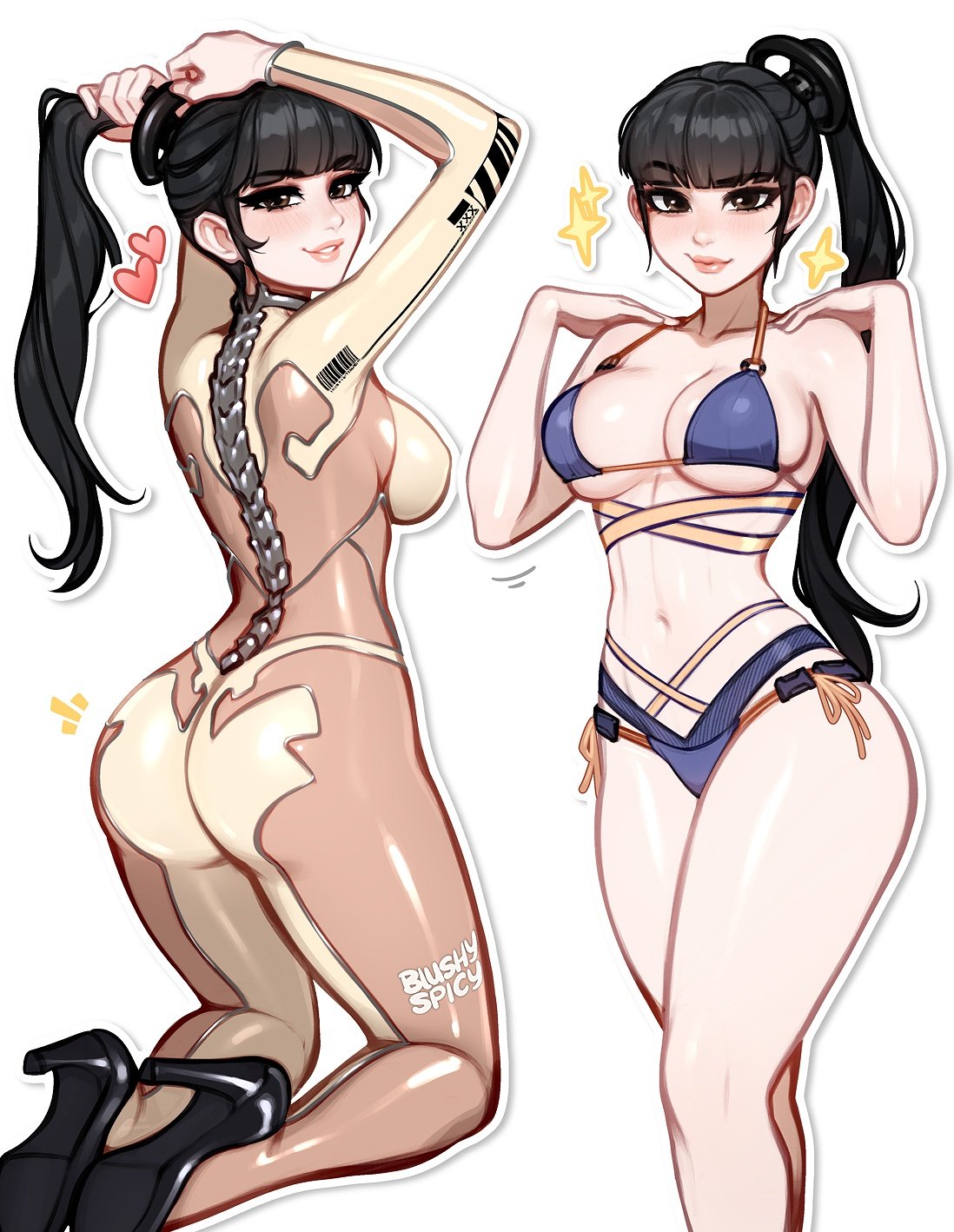 1girls, android, asian, asian female, ass, bikini, black hair, blue bikini, blunt bangs, blushypixy, blushyspicy, bodysuit, breasts, eve (stellar blade), female, heart, high heels, large ass, large breasts, paag, ponytail, stellar blade, swimsuit