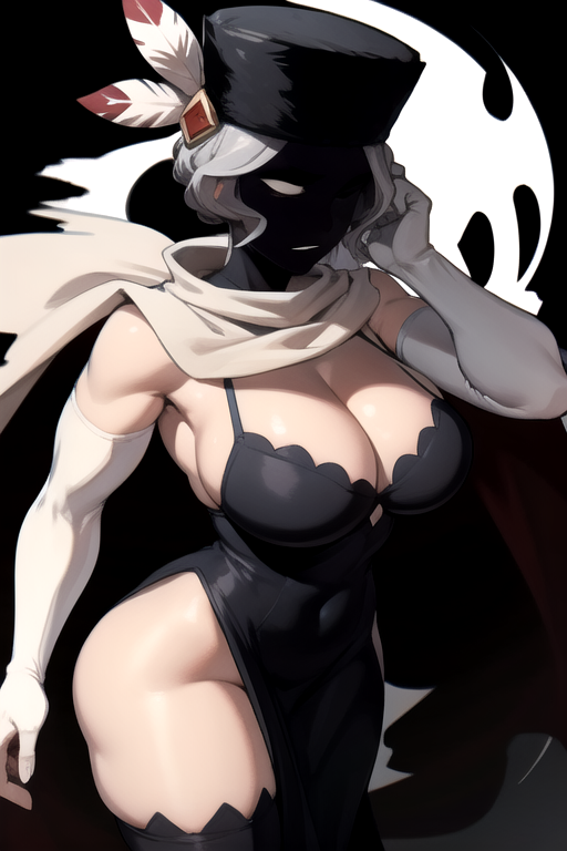 1girls ai_generated big_breasts black_dahlia breasts cleavage daidouji_(artist) daidoujipv faceless_female female grey_hair no_panties short_hair skullgirls solo thighs white_eyes