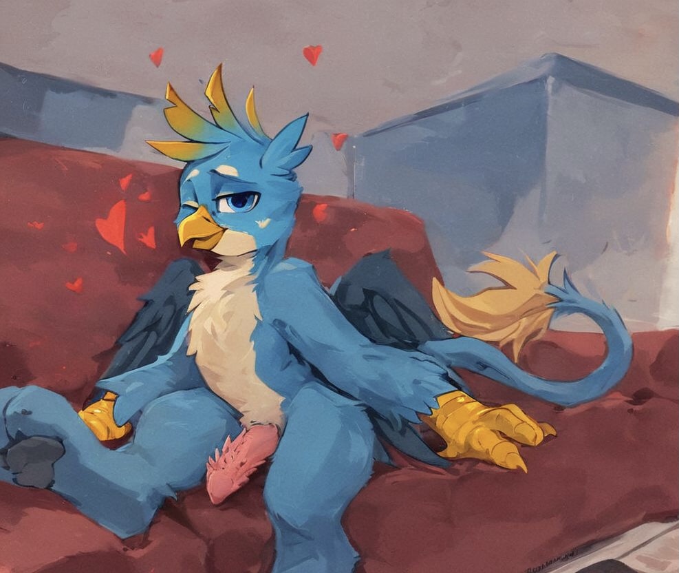 ai_generated animal_genitalia animal_penis anthro casual_nudity couch friendship_is_magic furry furry_only gallus_(mlp) griffon heart living_room male male_only my_little_pony penile_spines semi-anthro solo solo_male spiked_penis teenage_boy teenager young