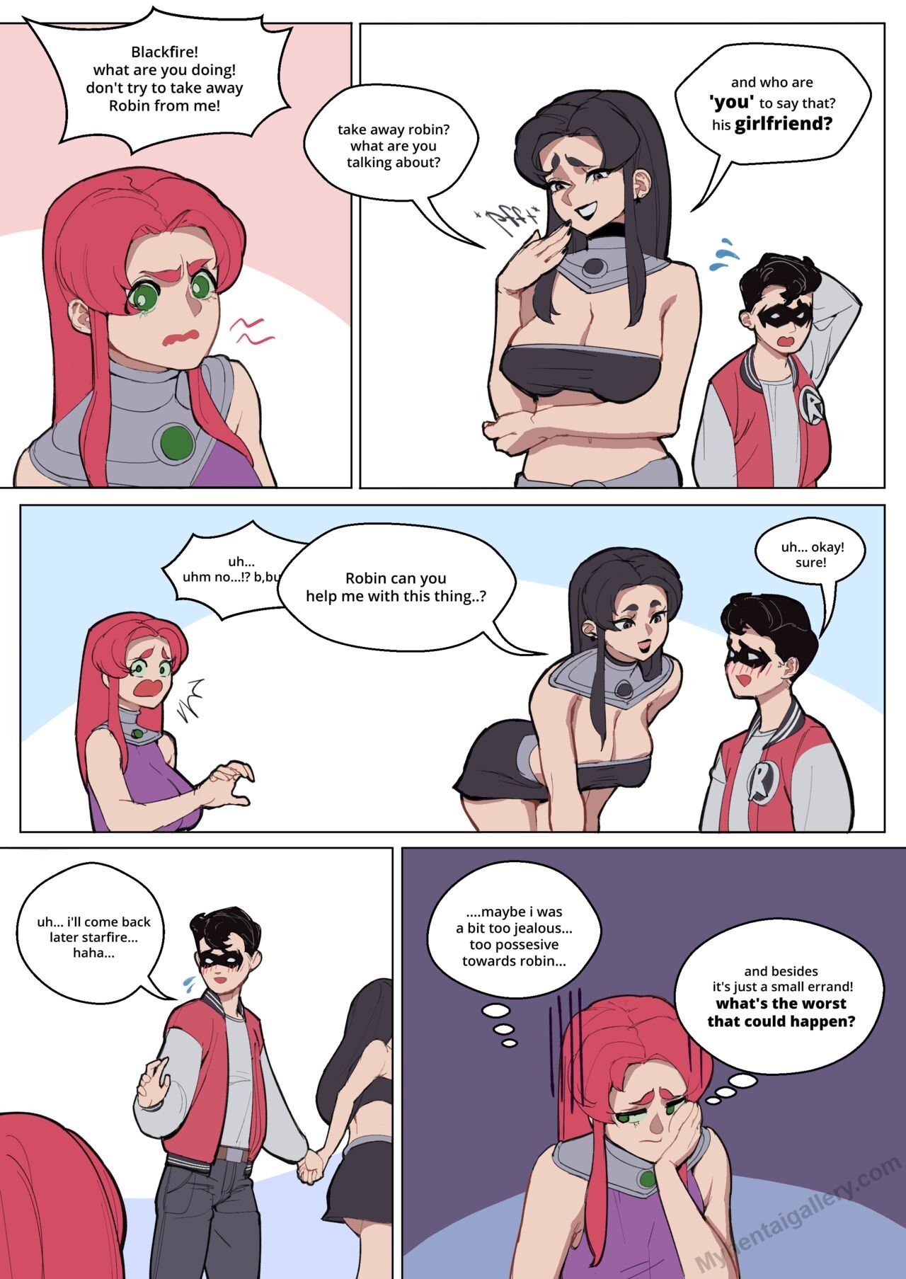 blackfire, cuckquean, dc, dc comics, dialogue, dick grayson, english text, female, light skin, light-skinned male, male, netorare, robin (dc), robin (dick grayson), starfire, teen titans, text, wjs07