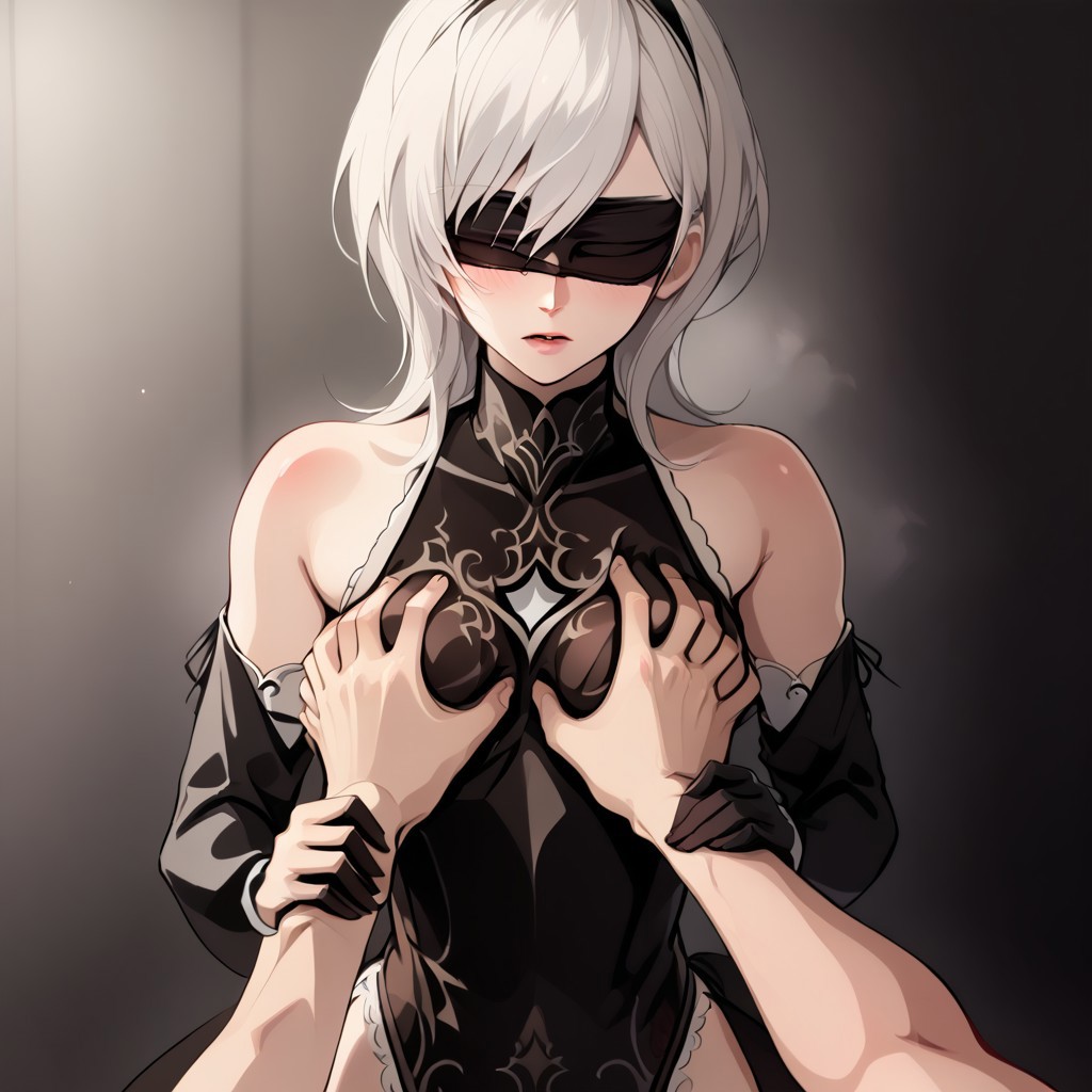 ai_generated black_dress breast_grab covered_eyes elbow_gloves nier_(series) nier_reincarnation pale-skinned_female pale-skinned_male short_hair white_hair yorha_10h