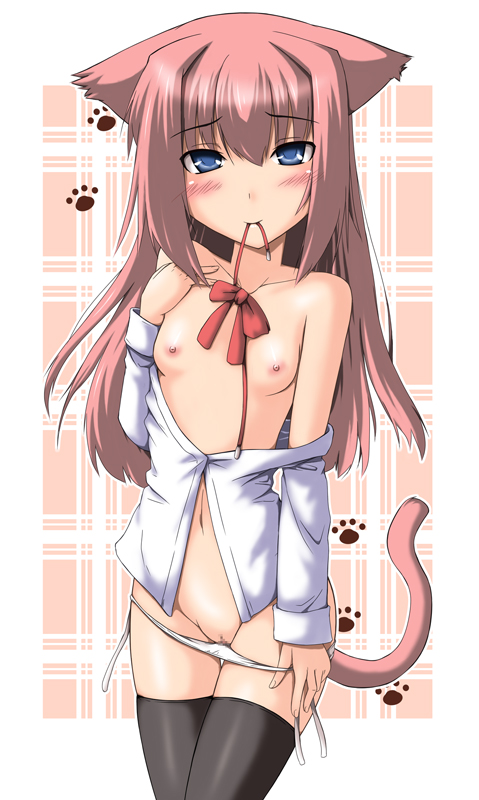 animal_ears black_legwear blue_eyes blush breasts cat_ears censored female flat_chest hand_on_own_chest kokorono_arika long_hair mouth_hold nipples off_shoulder open_clothes open_shirt original panties paws pink_hair pussy ribbon shirt smile solo thighhighs underwear white_panties white_shirt