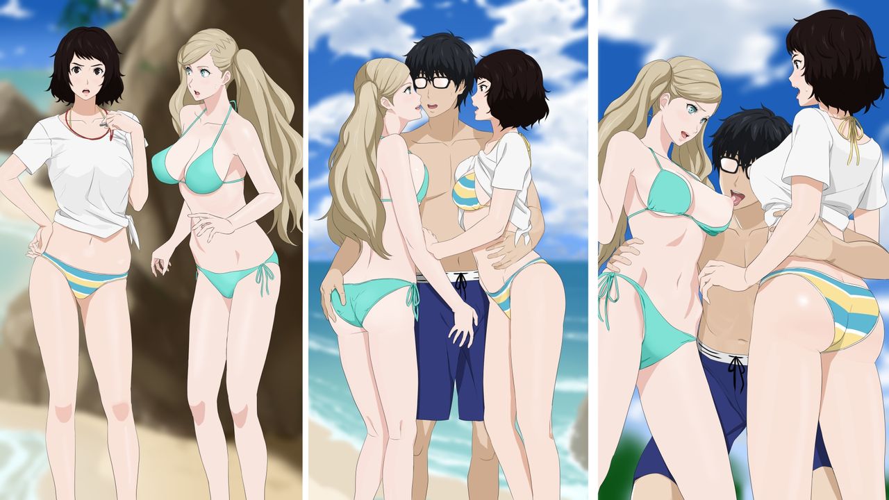 1boy, 2024, 2d, 2girls, akira kurusu, ann takamaki, ass, ass grab, beach, big breasts, bikini, black hair, blonde hair, blurry background, breasts, cottage, crotch grab, day, female, ffm threesome, glasses, hetero, imminent kiss, imminent sex, imminent threesome, licking nipples, light skin, light-skinned female, light-skinned male, long hair, male, male protagonist, maledom, no sex, not ai generated, older female, older female and younger female, older female and younger male, outside, panels, persona, persona 5, ren amamiya, sadayo kawakami, short hair, slender waist, slim waist, standing, straight, sucking nipples, surprised, swimsuit, swimwear, t-shirt, threesome, twintails, younger female, younger male