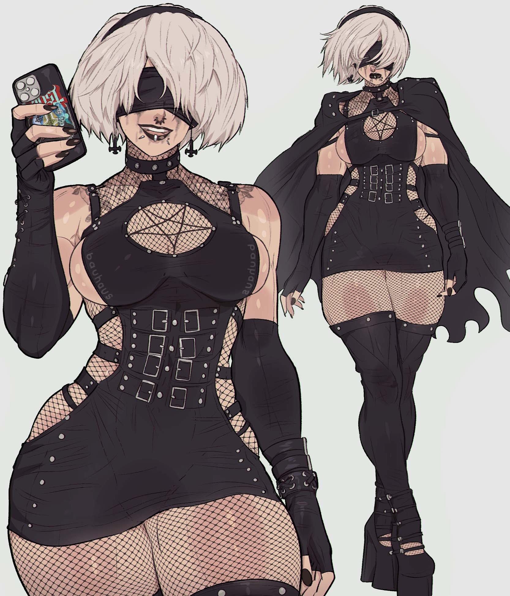 black blindfold, black lipstick, blindfold, breasts, female, female only, fishnet legwear, fishnets, goth, goth girl, high resolution, lipstick, looking at viewer, nier (series), nier: automata, open mouth, phone, solo, thick thighs, thighhighs, thighs, white hair, wide hips, yoracrab, yorha 2b