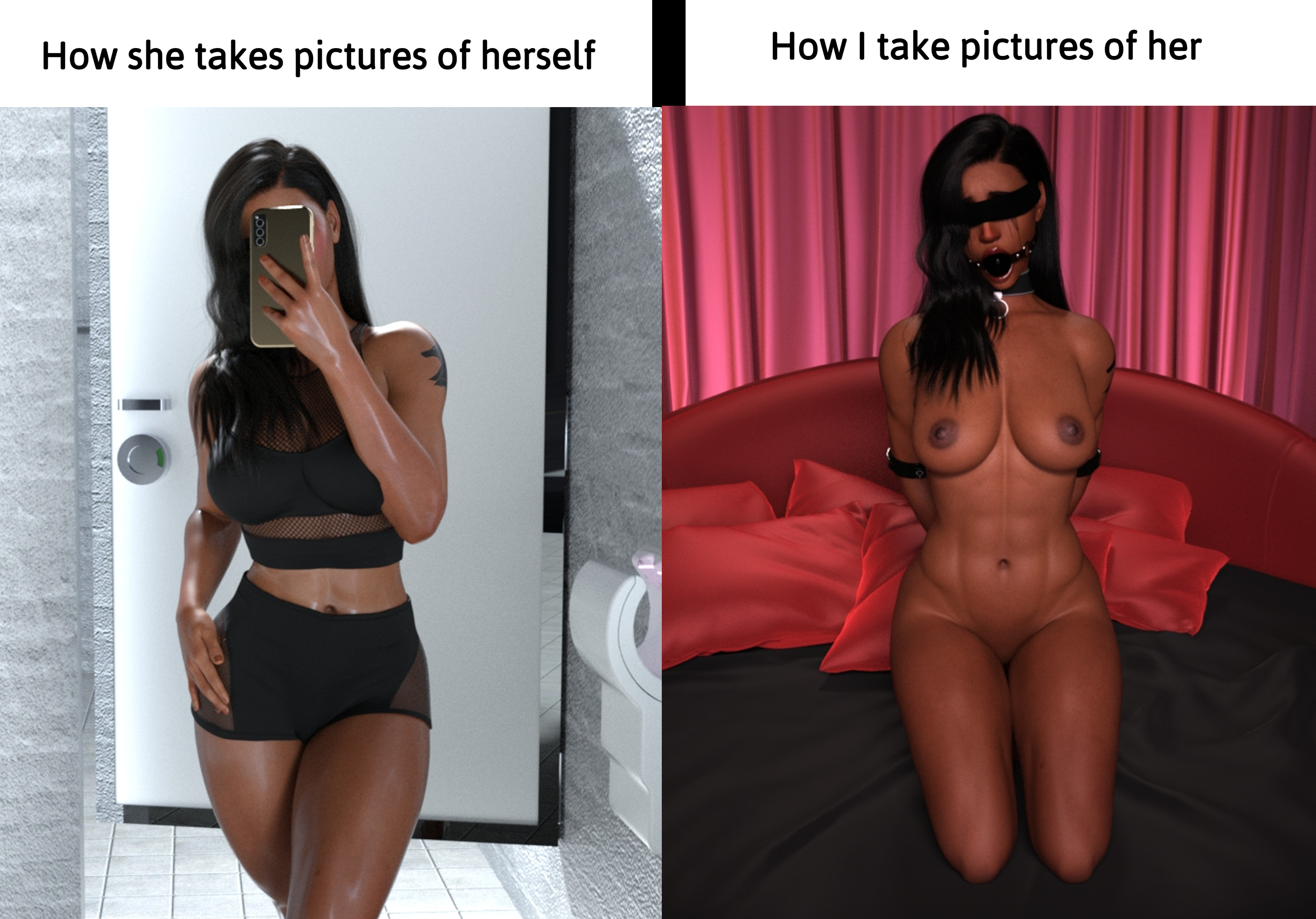 1girls, 3d, arms behind back, ball gag, before and after, black hair, blindfold, bondage, brown skin, brown-skinned female, english text, female, gag, gagged, mmmph!, original, shoulder tattoo, tattoo