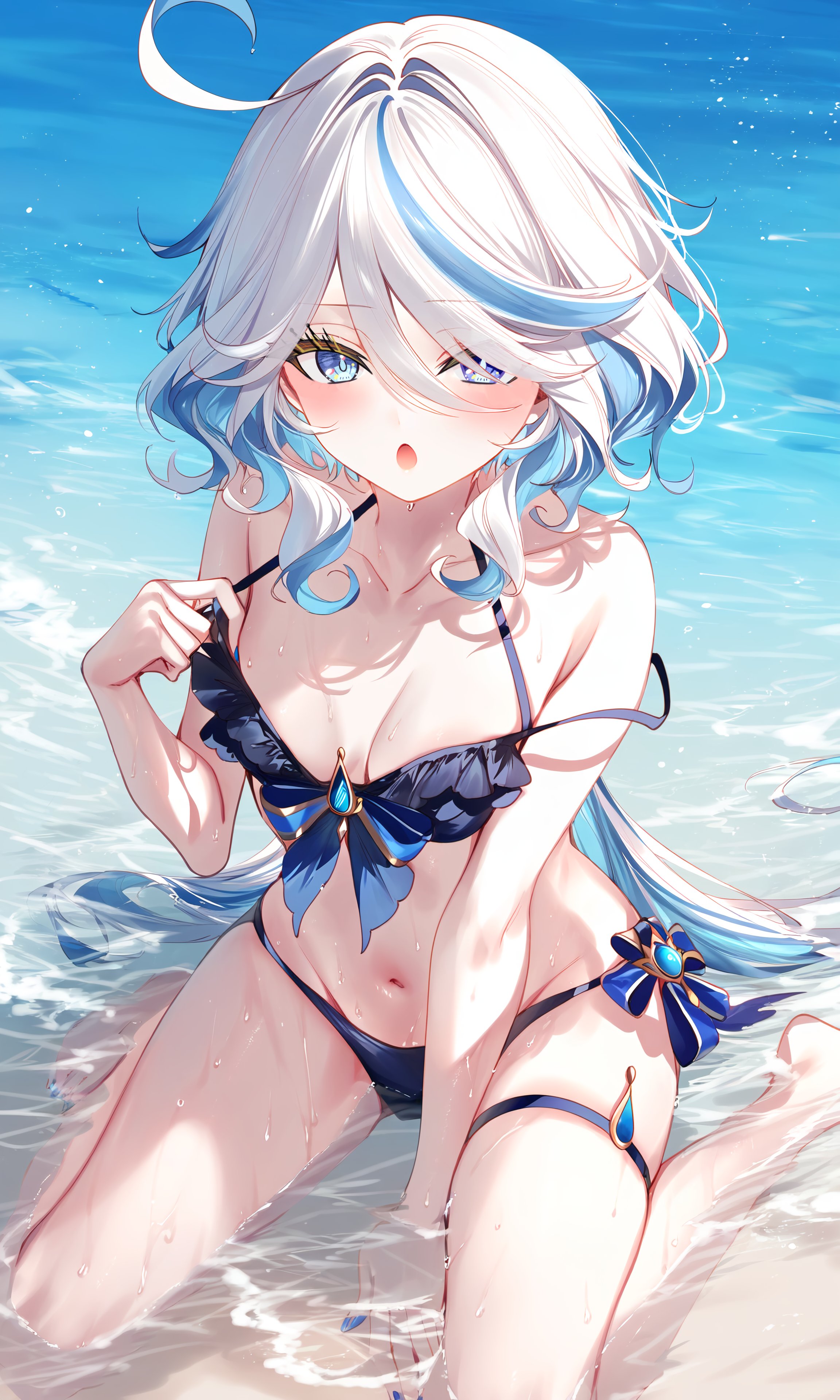 1girls, ai generated, belly button, bikini, bikini bottom, bikini top, blue bikini, blue bikini bottom, blue bikini top, blue eyes, blue hair, blush, breasts, day, female, female focus, female only, front view, furina (genshin impact), genshin impact, hair over one eye, heterochromia, high resolution, highres, hoyoverse, light skin, light-skinned female, long hair, looking at viewer, mihoyo, navel, ocean, outdoors, petite, petite body, petite female, poyon na, revealing swimsuit, slim female, small breasts, solo, solo female, solo focus, summer, swimsuit, thong, thong bikini, two piece swimsuit, two-tone hair, water, wet, wet body, white hair