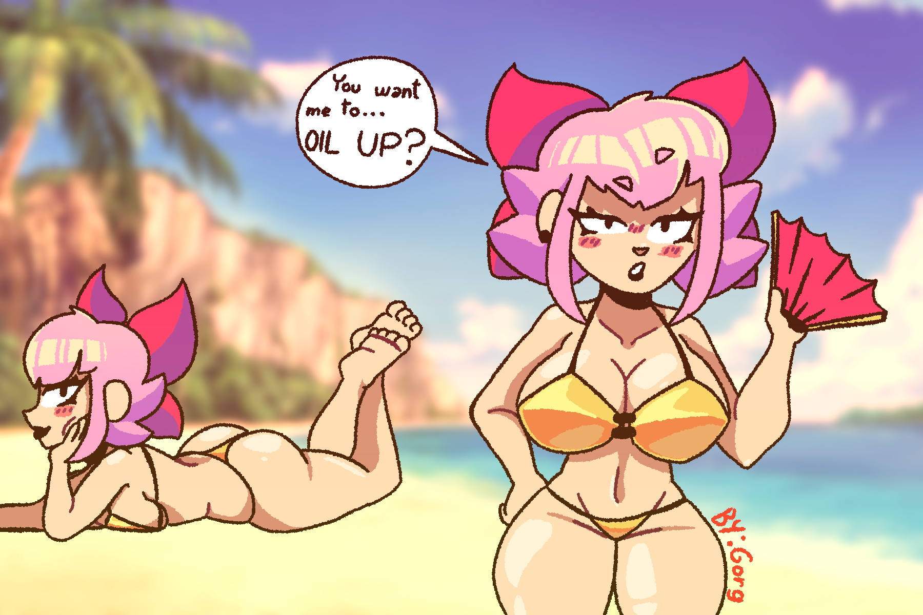 beach, bikini, brawl stars, female, melodie (brawl stars), palm tree, pink hair, ribbon, tagme