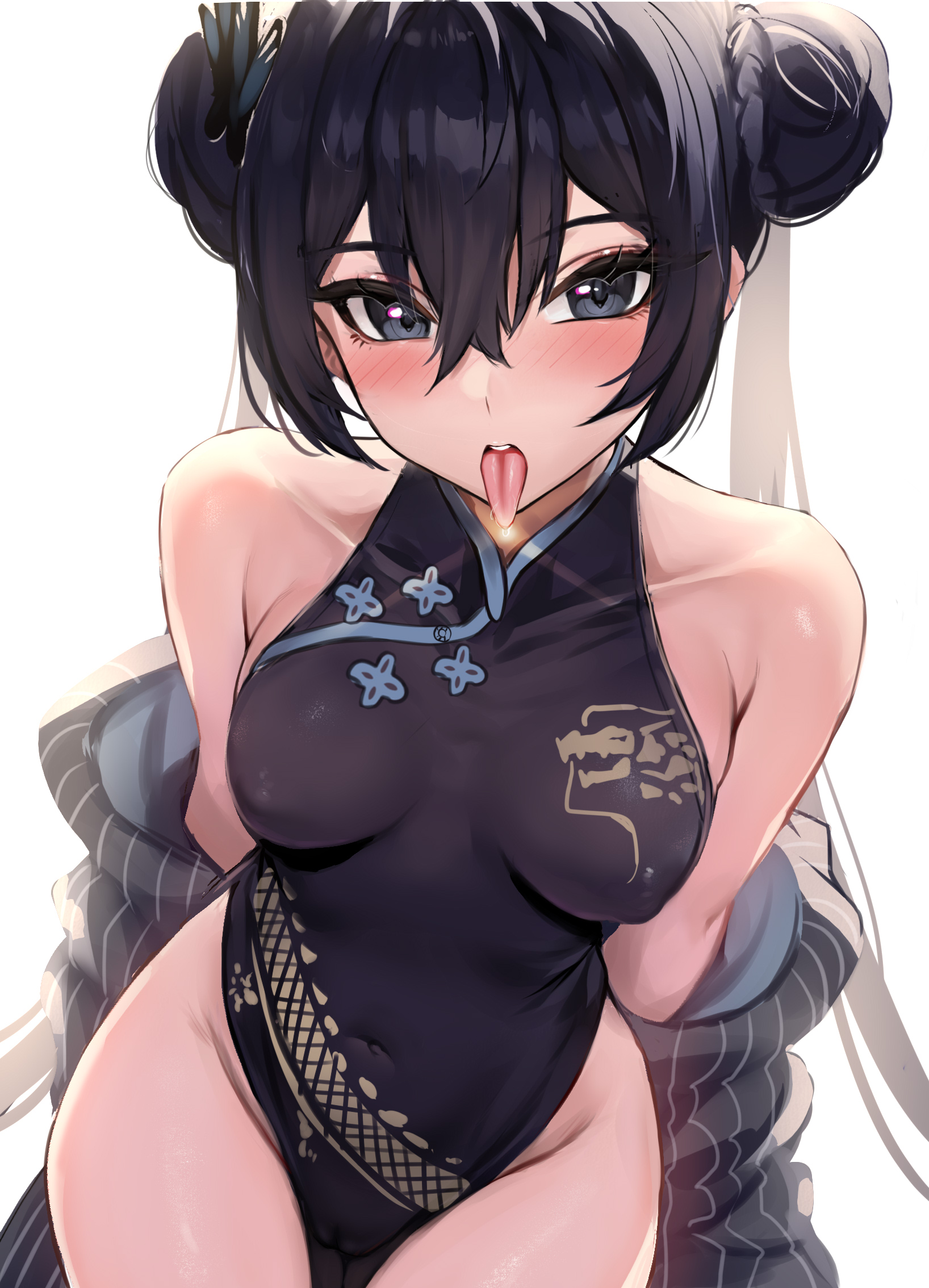 1girls, absurd res, absurdres, bare arms, bare legs, bare shoulders, bare skin, bare thighs, belly button, black hair, black-haired female, blue archive, blush, blush lines, blushing female, breasts, cameltoe, cleavage, collarbone, dot nose, double bun, female, female focus, female only, genryumon (blue archive), groin, hair between eyes, hair bun, hair buns, high resolution, highres, kisaki (blue archive), legs, light skin, light-skinned female, long hair, looking at viewer, navel, nipple bulge, nipples, off shoulder, petite, petite body, petite breasts, petite female, pussy, shanhaijing secondary school student, shiny skin, short hair, shoulders, simple background, slender body, slender waist, slim female, slim waist, small breasts, solo, standing, stone (ksorede), student council president, thick thighs, thighs, thin waist, tongue, tongue out, twin buns, upper body, v-line, white background, wide hips