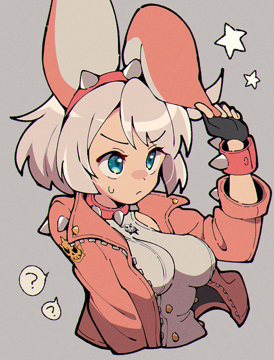 breasts, bunny ears, elphelt valentine, female, guilty gear, guilty gear strive, itsuka neru, large breasts, leather, solo, solo female, tight clothing, white hair