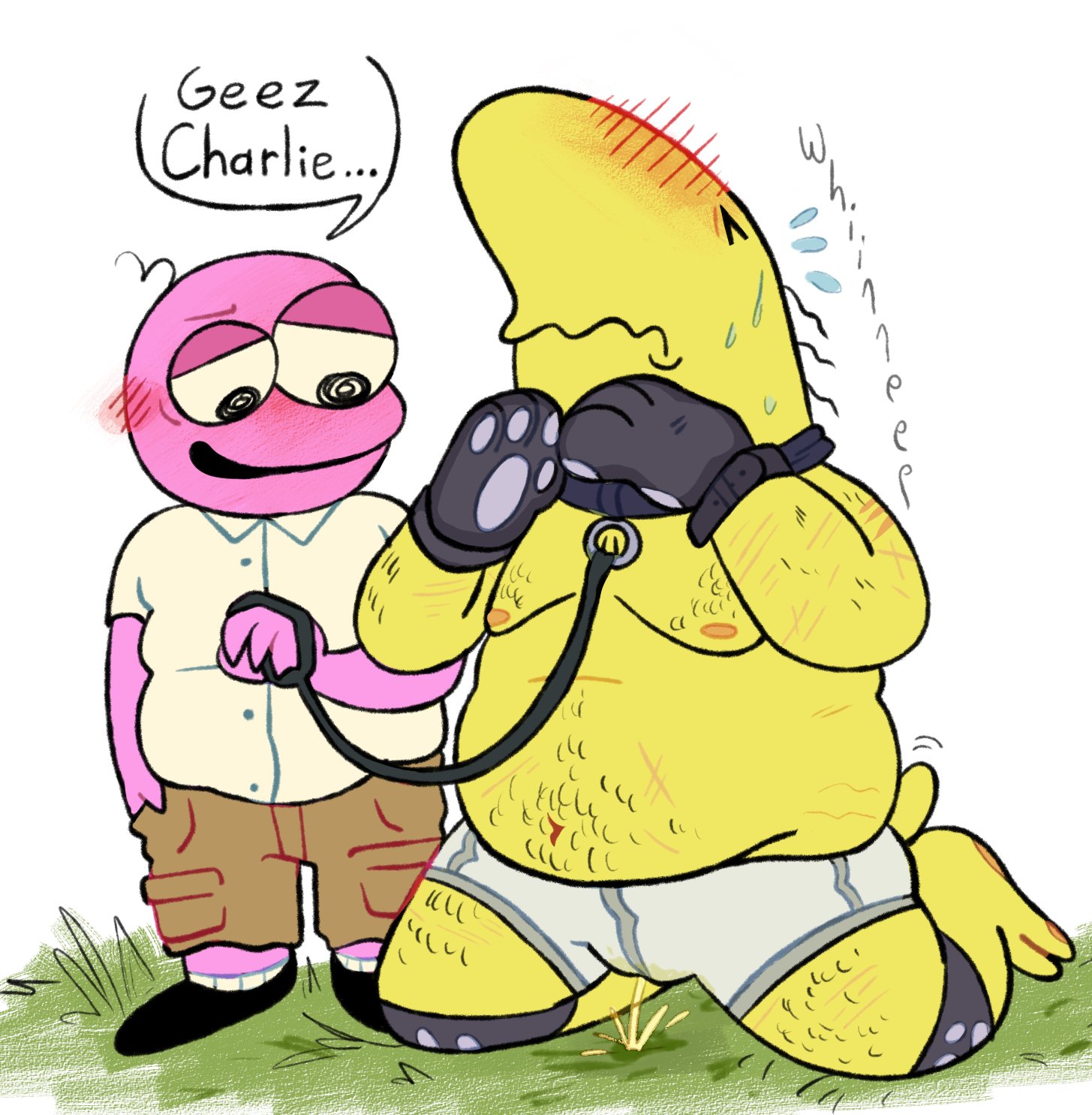 blush, charlie (smiling friends), collar, cuntboy, intersex, leash, leash and collar, male, male focus, male only, malesub, peeing, petplay, pim (smiling friends), public, smiling friends, submissive, submissive male, urinating, urinating male, urination, urine, whining