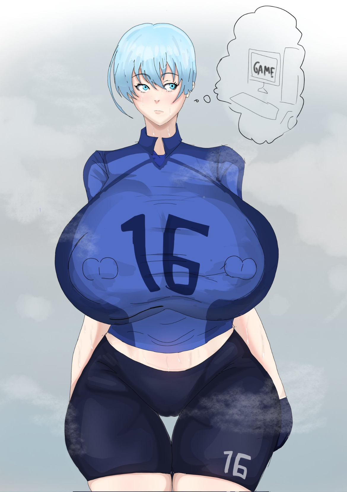 1futa, areola, areolae visible through clothing, asian female, balls, balls bigger than penis, belly peeking out, big areola, big female, big nipples, big thighs, blue eyes, blue hair, blue lock, blush, boings, boobs bigger than head, breasts, breasts bigger than body, breasts bigger than head, breasts bigger than torso, cameltoe, computer, computer monitor, computer screen, cute, cute face, enormous breasts, enormous tits, female, femlock, football, football player, football player and gamer, football uniform, fully clothed, fully clothed female, futa, futanari, gamer, gamer girl, genderswap (mtf), grey background, hands in pockets, hiori yo, hips, huge areola, huge breasts, huge nipples, japanese female, looking to the side, massive areola, massive boobs, massive breasts, massive nipples, massive tits, micropenis, nipples, nipples visible through clothing, pale skin, pale-skinned female, pussy outline, rule 63, sexy body, short hair, solo female, tall female, thick thighs, thighs, thighs bigger than head, thinking, thought bubble, tiny waist, togata art, transgender, transgender woman, unrealistic proportions
