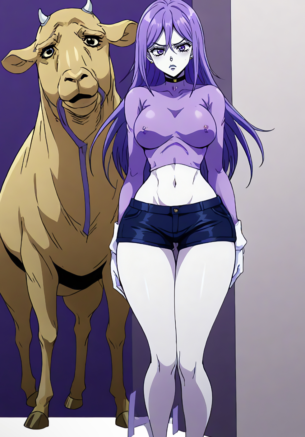 ai_generated breasts female frown jojo's_bizarre_adventure jojo_reference miniskirt original original_character pierced_nipples piercing piercings purple_hair pussy skirt