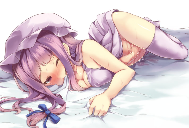 bare_shoulders bed_sheet blush bow breasts cleavage female hairbow hat large_breasts long_hair masturbation patchouli_knowledge purple_eyes purple_hair purple_legwear pussy_juice sheet_bite sheet_grab sleeveless snowcanvas solo thighhighs touhou