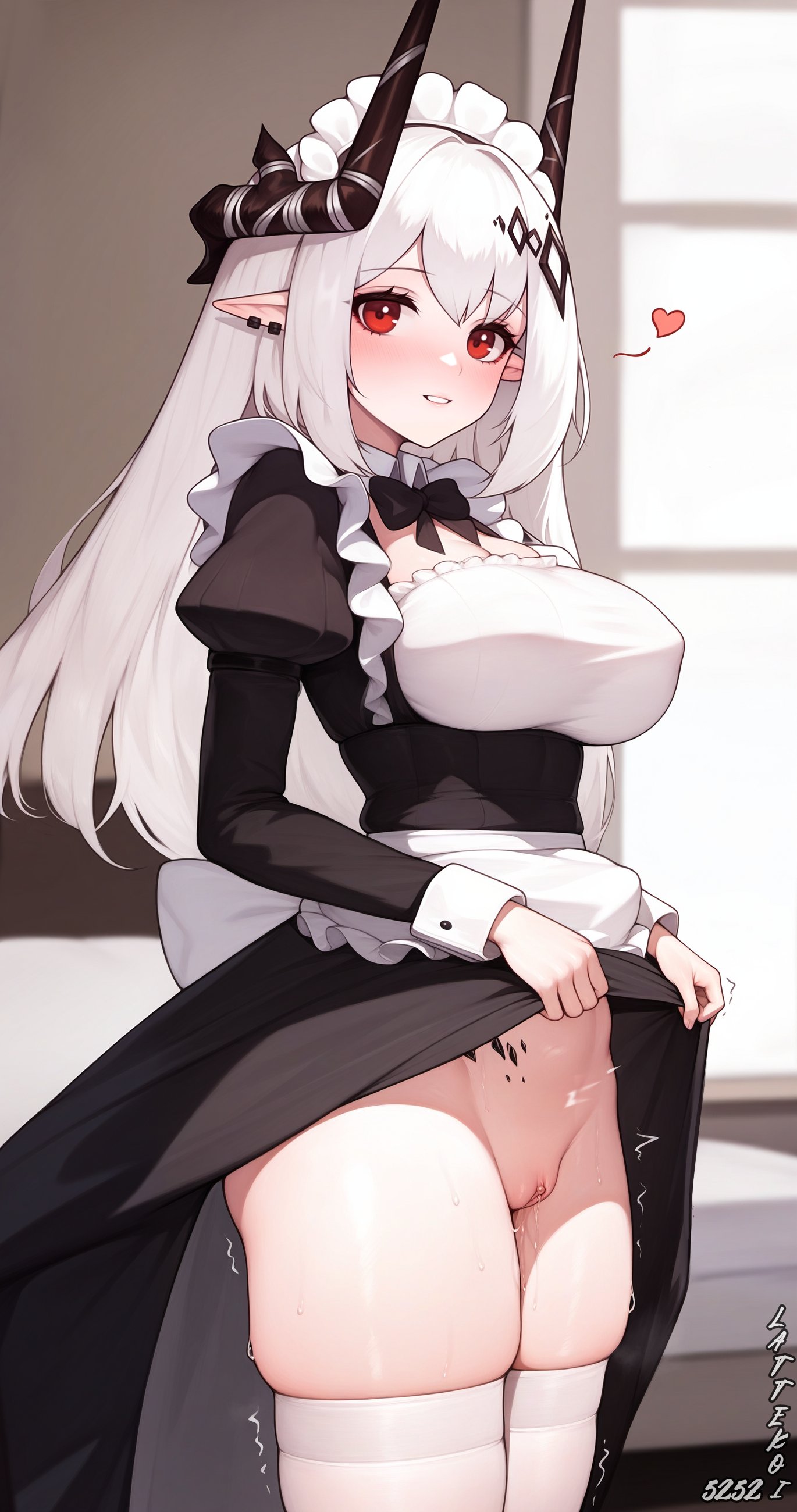 1girls, ai assisted, ai generated, arknights, artist name, bed, big breasts, blush, breasts, clitoris, cute, ear piercing, exposed pussy, female, hairless pussy, heart, highres, horns, indoors, lattekoi5252, legwear, lifting skirt, light skin, light-skinned female, long hair, looking at viewer, maid, maid headdress, maid outfit, maid uniform, mudrock (arknights), no panties, oripathy lesion (arknights), ovum, pointy ears, pussy, pussy juice, red eyes, shaved pussy, solo, solo female, standing, stockings, sweat, sweatdrop, textless version, thick thighs, thighs, trembling, uncensored, vagina, white hair, white legwear, white stockings