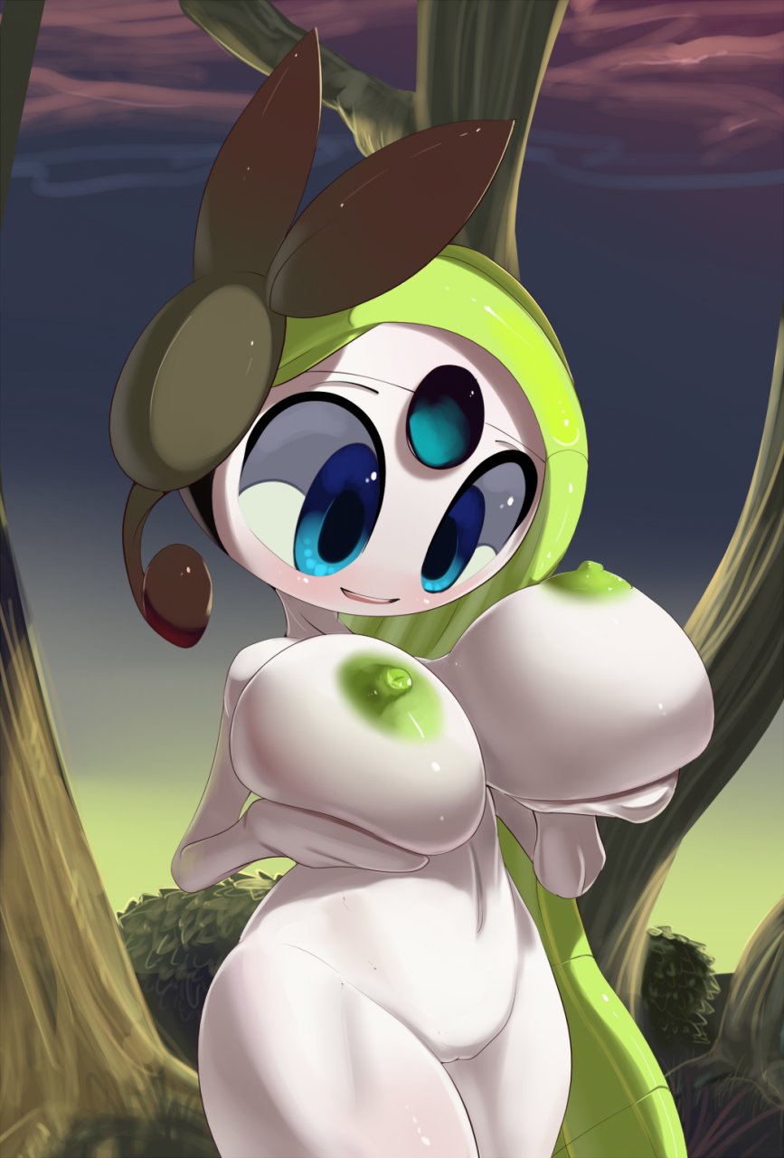 big breasts, big eyes, blue eyes, breasts, erect nipples, female, forest, green hair, green nipples, large breasts, legendary pokemon, meloetta, mythical pokemon, nintendo, nipples, open mouth, pokemon, pokemon (species), pussy, smile, solo, theboogie, tree, vagina, very long hair, video games, wood