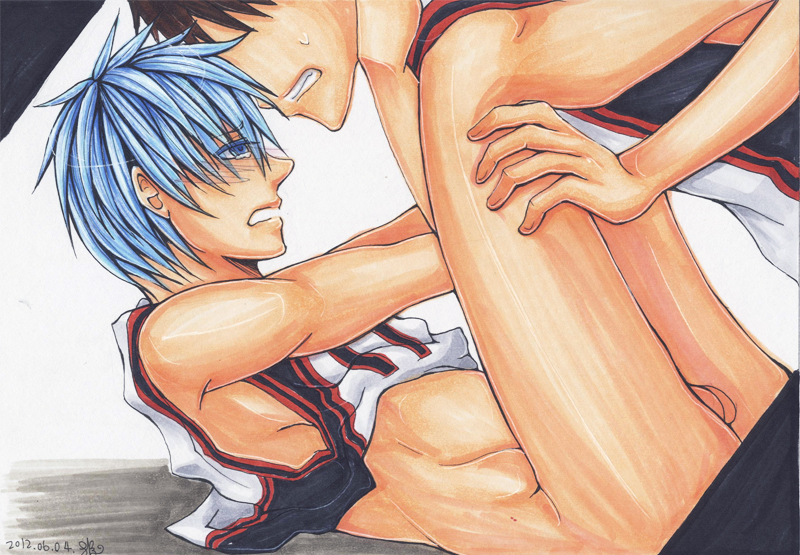 2012 2boys basketball_uniform blue_eyes blue_hair bottomless gay human kagami_taiga kuroko_no_basuke kuroko_tetsuya male male_only multiple_boys penis red_hair sports_uniform tagme tear text yaoi