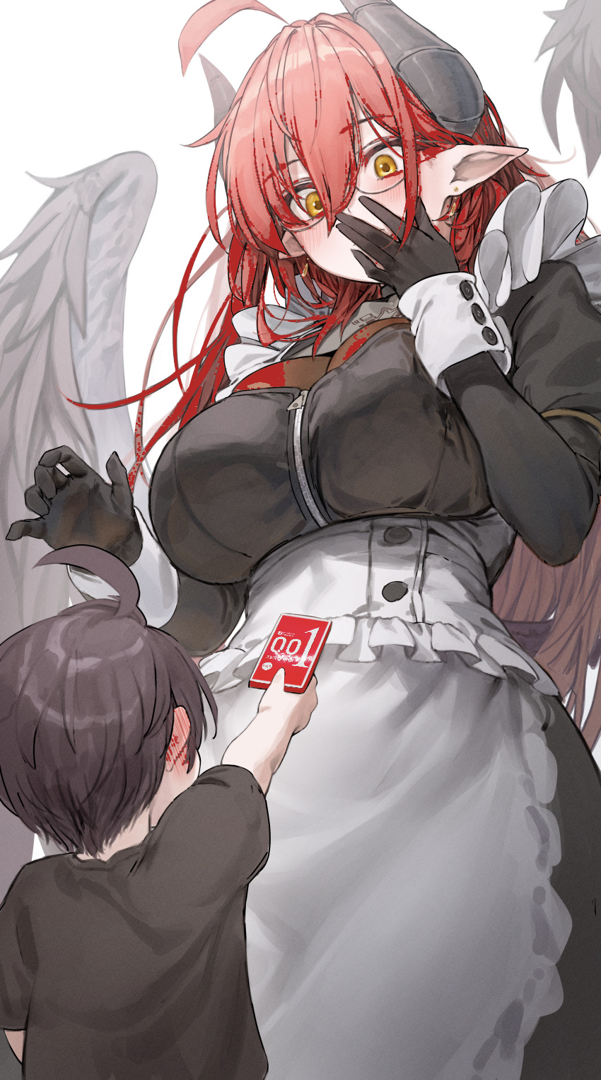 1boy, 1girls, blush, condom, female, glasses, horns, isabella (marse), maid, maid apron, maid uniform, male, marse (rokudaime), older female, red hair, size difference, taller female, third-party edit, wings, yellow eyes, younger male