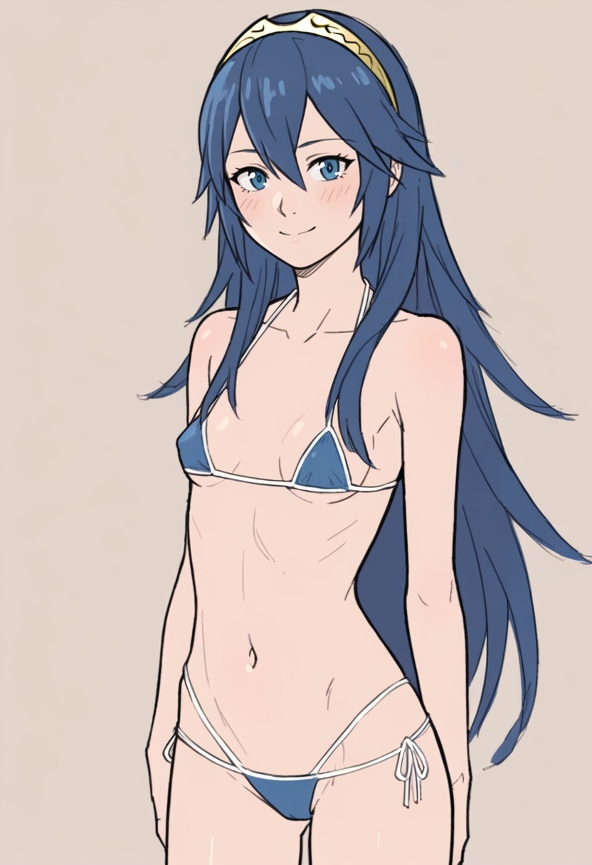 1girls bikini blue_eyes blue_hair female female_only fire_emblem fire_emblem_awakening long_hair looking_at_viewer lucina_(fire_emblem) micro_bikini nintendo small_breasts smile solo swimsuit vynx