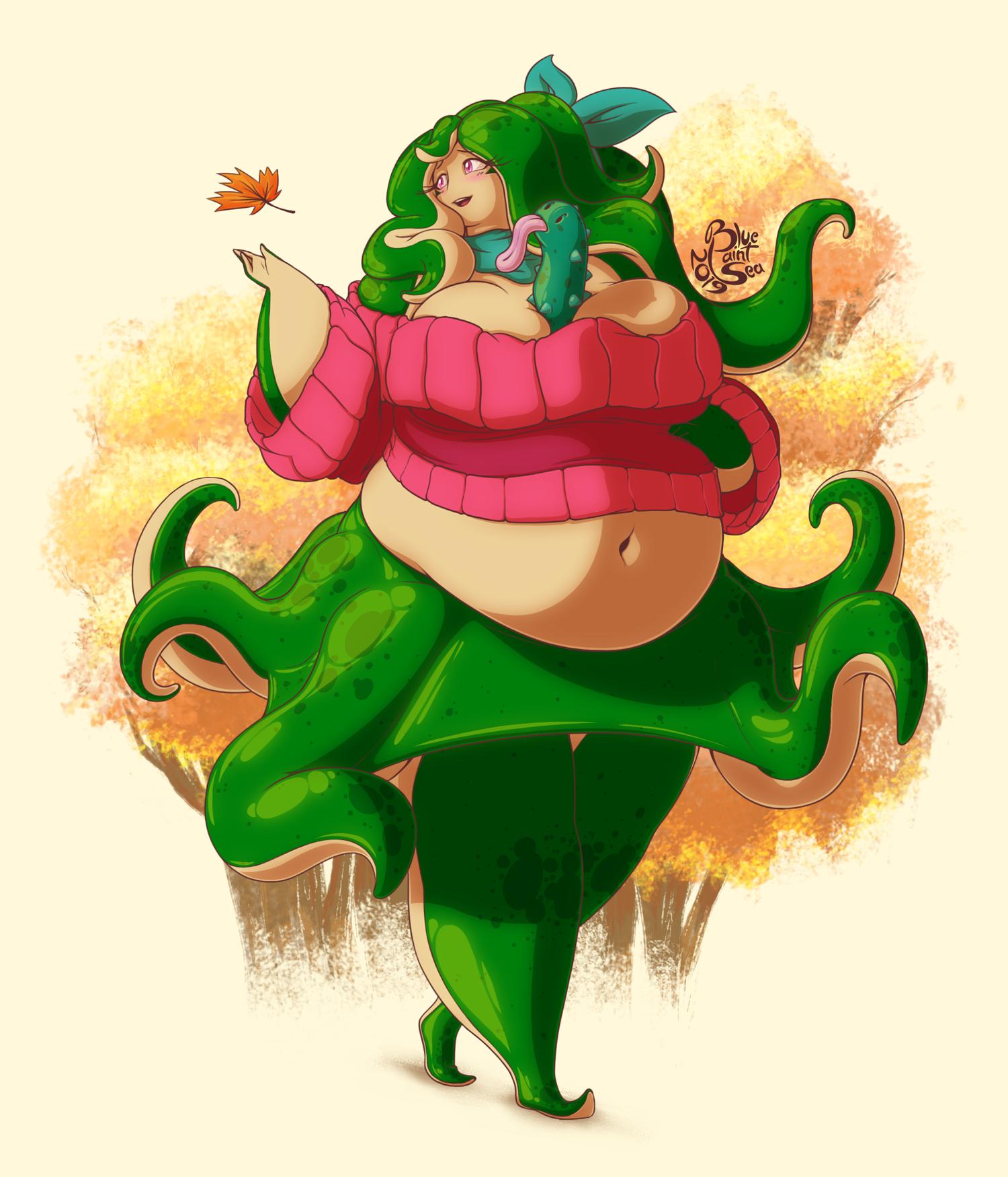 accessory bbw belly big_belly big_breasts bluepaintsea chubby chubby_female eyelashes green_body green_hair green_skin large_female leaf navel octopodiform octopus overweight pepper_(bluepaintsea) pickles_(bluepaintsea) pink_eyes ribbon sea_cucumber smile sweater tentacle tentacle_hair thick_thighs tongue tongue_out tree trees two_tone_body two_tone_hair two_tone_skin