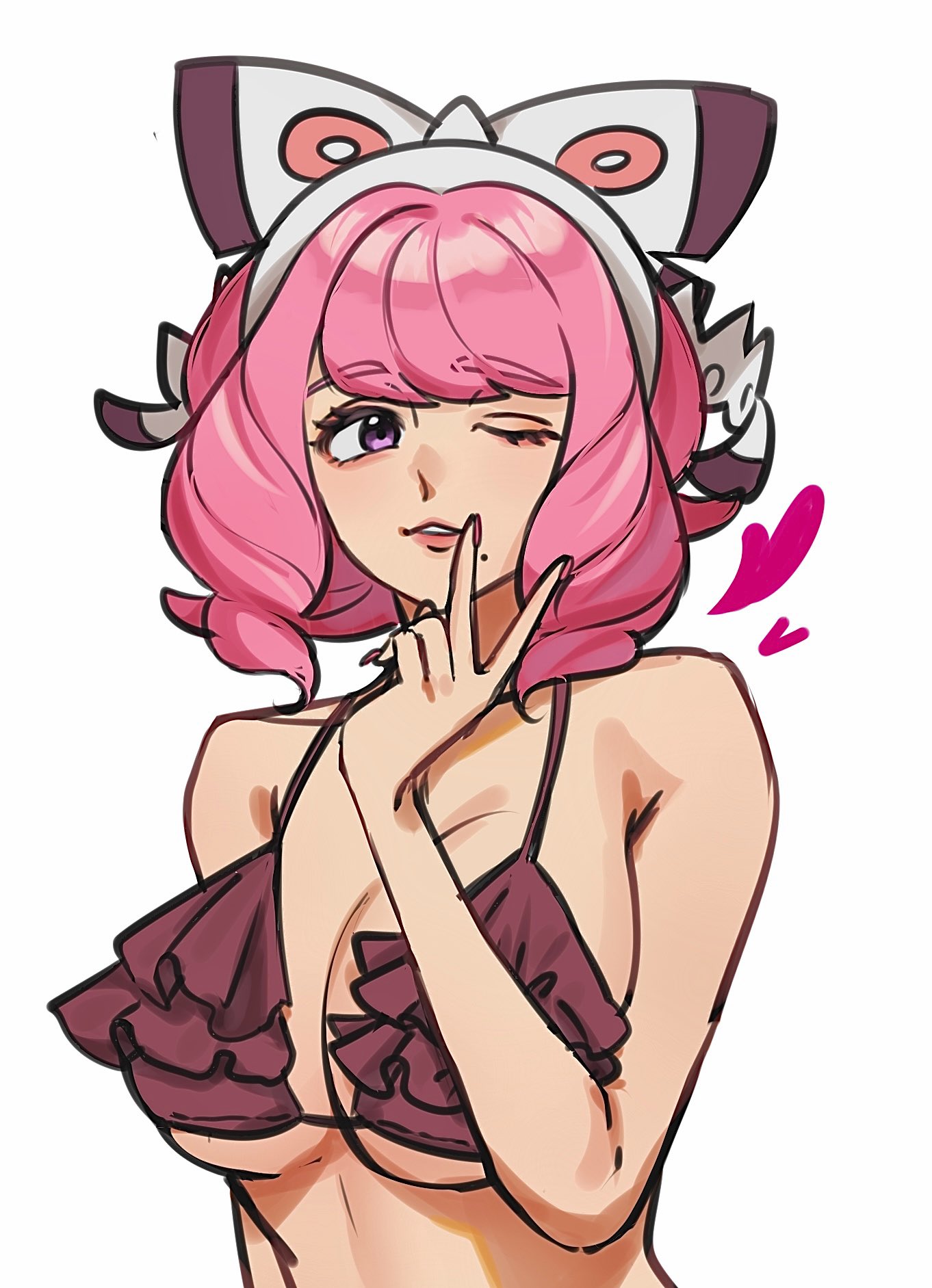 1girls, bare shoulders, beauty mark, big breasts, bikini, bikini top, bow, breasts, busty, cleavage, female, hair ornament, heart, klara (pokemon), light skin, light-skinned female, n fns17, pink hair, pokemon, pokemon ss, purple eyes, swimsuit, upper body, wink