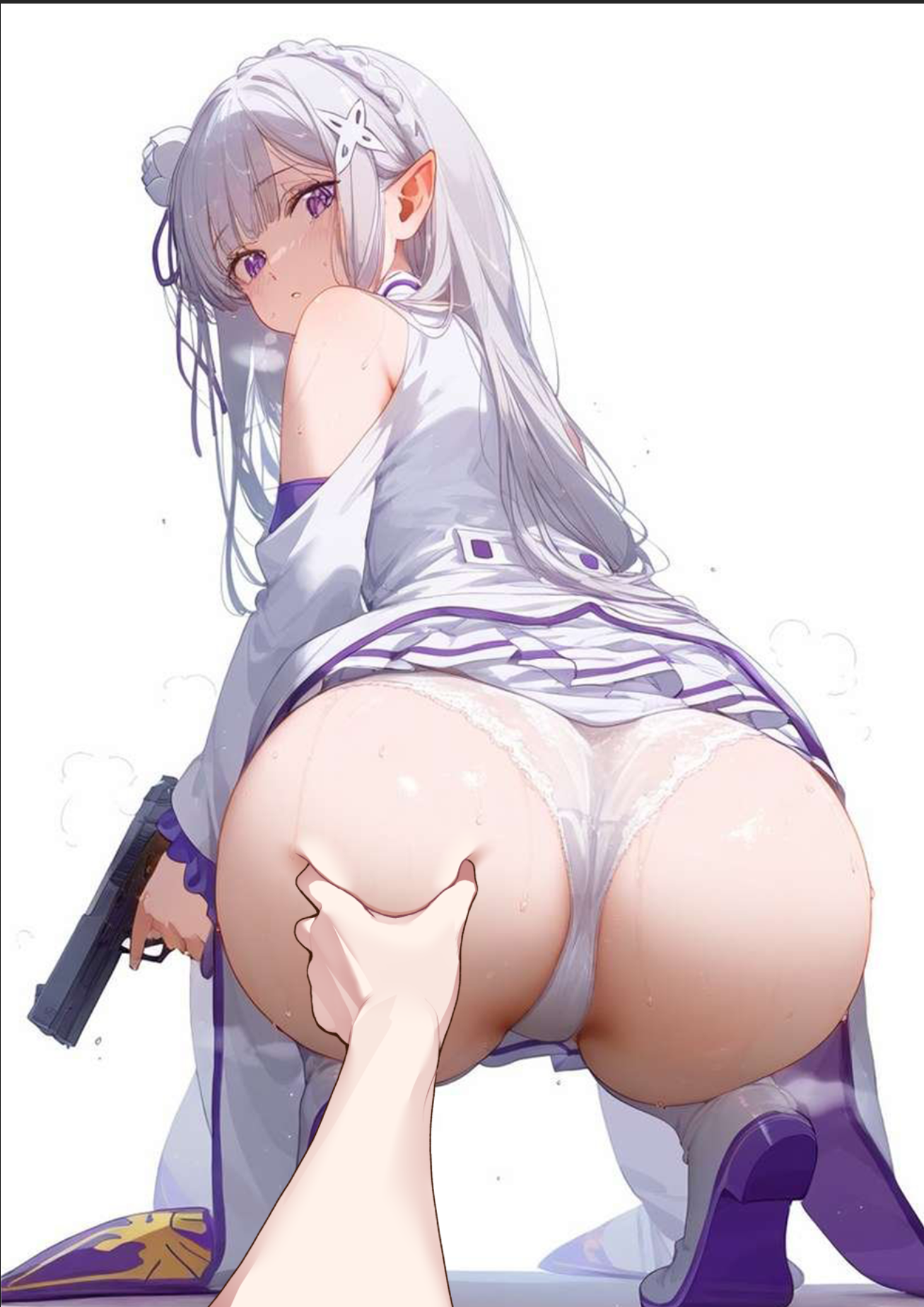 1girls, ai generated, ass, ass grab, cheek grabbing material (meme), edit, elf, elf ears, elf female, elf girl, emilia (re:zero), female, flower in hair, flower ornament, goddess of victory: nikke, grabbing, gun, hair ornament, half-elf, heavenly ass, light skin, light-skinned female, long hair, looking back, meme, pistol, pointy ears, pov, pov hands, purple eyes, re:zero kara hajimeru isekai seikatsu, silver hair, squeezing, squeezing butt, thighhigh boots, very long hair, white hair