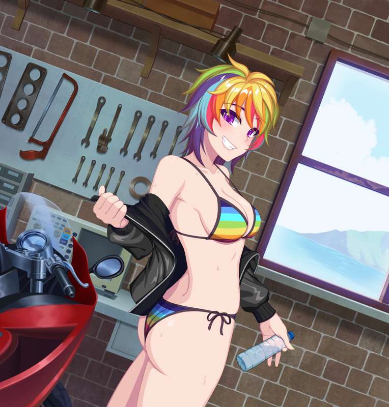 bikini cheeky_panties crush_crush iro_(crush_crush) purple_eyes rainbow_bikini rainbow_hair side_tie_bikini smiling_at_viewer