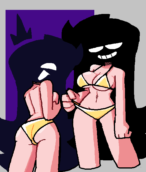 1girls, 2d, arcaned roses, bra, female, female only, golden bikini, light skin, light-skinned female, looking at viewer, meme attire, multiple views, mystery (roses arcaned), panties, roses arcaned, simple background, solo, topless, yellow bra, yellow panties