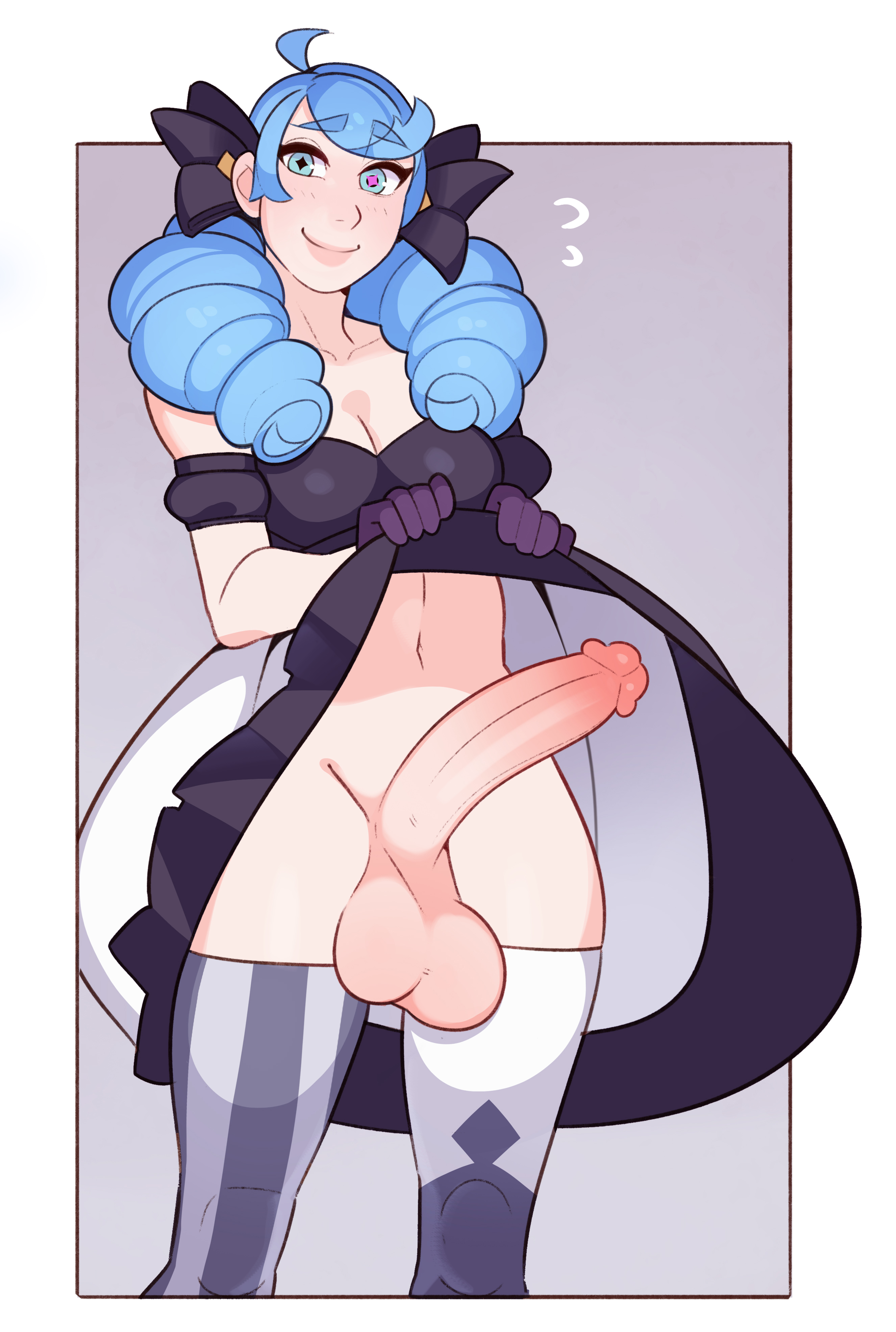 1futa, balls, blue hair, bottomless, breasts, clothed, clothing, dress lift, erection, futa only, futanari, gloves, gwen (league of legends), huge cock, human, intersex, league of legends, light skin, light-skinned futa, mostly clothed, penis, purple gloves, smooth balls, smooth penis, solo, splashbrush, standing