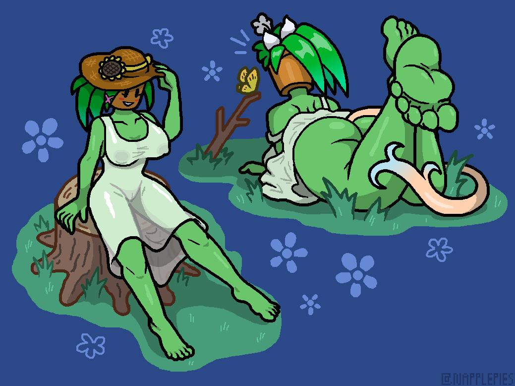 2024 5_toes ass blaster_master breasts clothing dress elemental_creature elemental_humanoid feet female flora_fauna foot_focus for_a_head genitals green_body green_skin hat headgear headwear humanoid humanoid_feet kanna_(blaster_master) napplepies nipple_outline not_furry object_head plant plant_humanoid plantigrade pussy soles solo sun_hat tail tailed_humanoid toes translucent translucent_clothing translucent_dress tree_stump