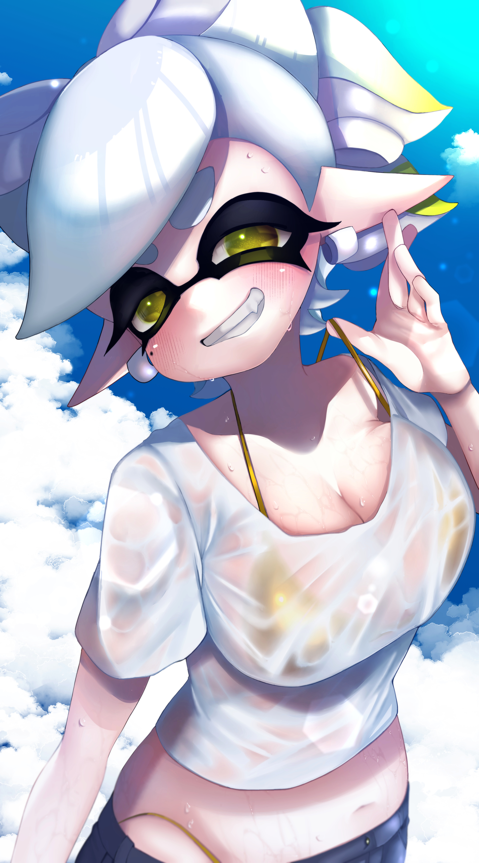 bikini, blush, breasts, cleavage, denim, denim shorts, female, highleg, highleg bikini, large breasts, looking at viewer, marie (splatoon), mole, mole under eye, mugyiiiii ika, navel, nintendo, pointy ears, shirt, short hair, splatoon, splatoon (series), sweat, tentacle hair, wet, wet shirt, white shirt, yellow eyes
