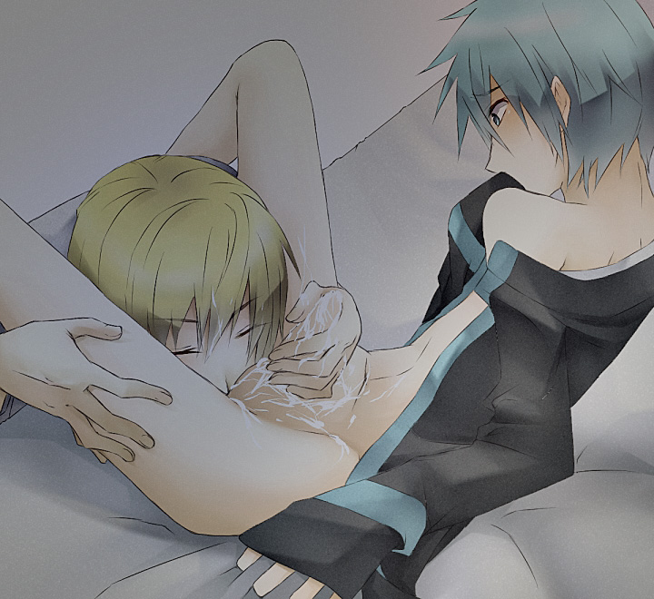 2boys anal anilingus blonde_hair blue_eyes blue_hair bottomless cum cum_on_body cum_on_hand cum_on_self cum_on_upper_body gay hair kise_ryouta kuroko_no_basuke kuroko_tetsuya male matching_hair_and_eyes multiple_boys oral rimjob rimming yaoi