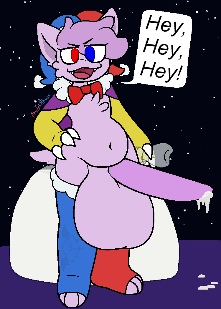 anthro apollysabyss balls big_balls big_penis bodily_fluids bottomless clothed clothing condom cum dialogue english_text filled_condom genital_fluids genitals gynomorph huge_balls hyper hyper_balls hyper_genitalia intersex jester marx_(kirby) multicolored_eyes partially_clothed penis sexual_barrier_device slightly_chubby solo text