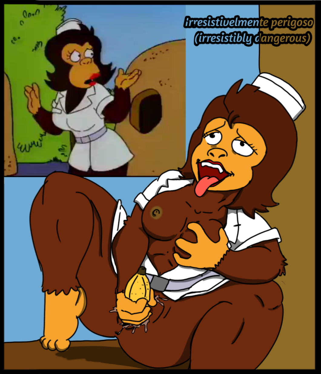 1girls anthro ape banana banana_in_pussy big_breasts breasts female female_masturbation female_only furry happy_face i.p_i.d masturbation monkey_girl nurse nurse_ape_(the_simpsons) nurse_uniform primate satisfaction solo the_simpsons