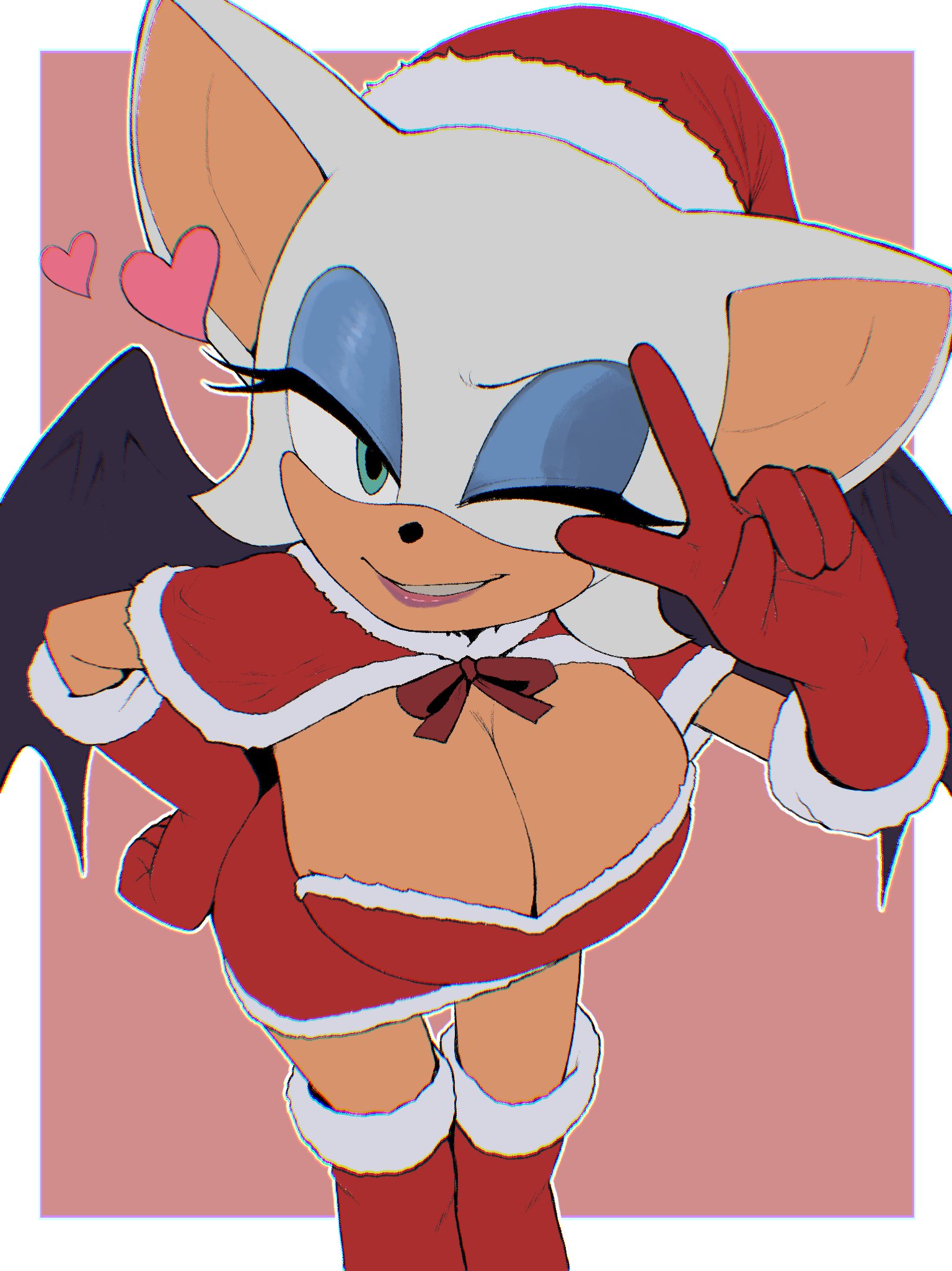 1girls, 2025, bat, bat girl, big breasts, blue eyes, blue eyeshadow, breasts, christmas, cleavage, female, female only, furry, gloves, k3nzo, peace sign, pink background, rouge the bat, santa costume, sega, sonic (series), white border, white hair