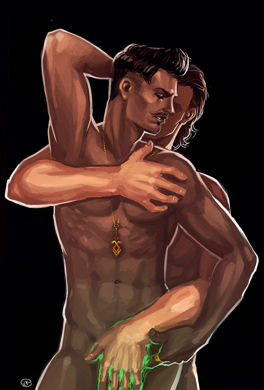 2boys arm_behind_head artist_signature bara biceps black_hair closed_eyes dark-skinned_male dark_hair dark_skin dorian_pavus dragon_age dragon_age_inquisition duo facial_hair gay gay_male hand_on_penis holding_partner human inquisitor_(dragon_age) jewelry light-skinned_male light_skin long_hair mage magic magic_user male male/male male_only maxkennedy moustache moustache muscles muscular muscular_male necklace no_visible_genitalia pecs pendant ring shirtless shirtless_male snake_ornament standing standing_position video_games yaoi