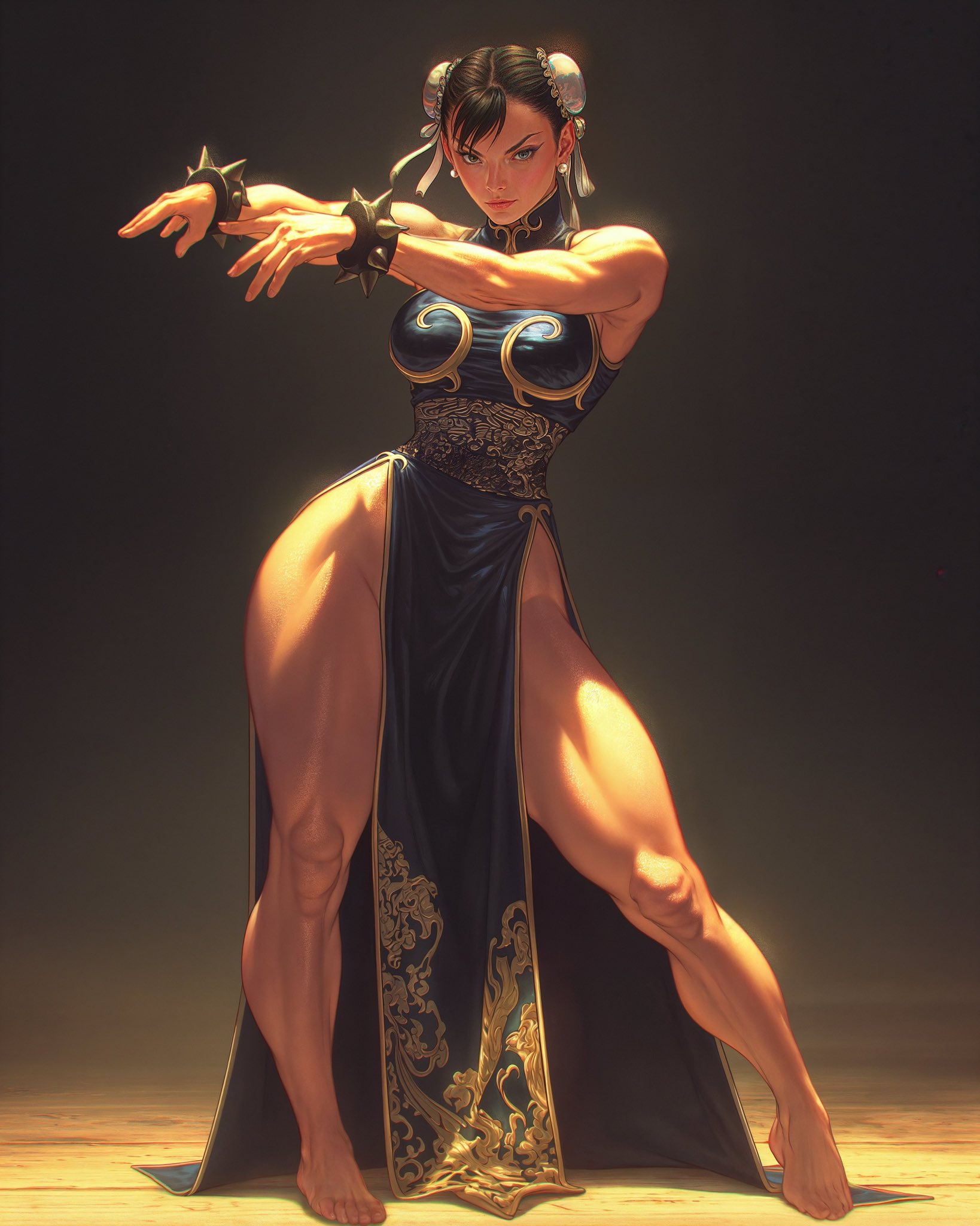 1girls, ai generated, asian, asian female, bare legs, barefoot, bracelet, capcom, chinese clothes, chun-li, dress, earrings, feet, female, full body, jewelry, legs, muscular, muscular female, muscular legs, muscular thighs, raised arms, spiked bracelet, spikes, stimograph, street fighter, thick thighs, thighs, voluptuous, wide hips