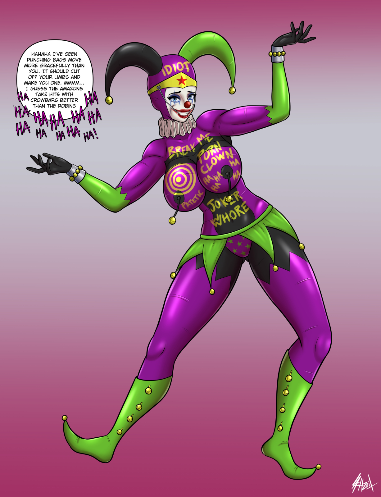 body writing, bodysuit, breasts, clown, clown girl, clown makeup, clownification, dc, dc comics, defeated heroine, degradation, degradation text, female, heroine in trouble, humiliation, lachzeit, latex suit, slave, wonder woman