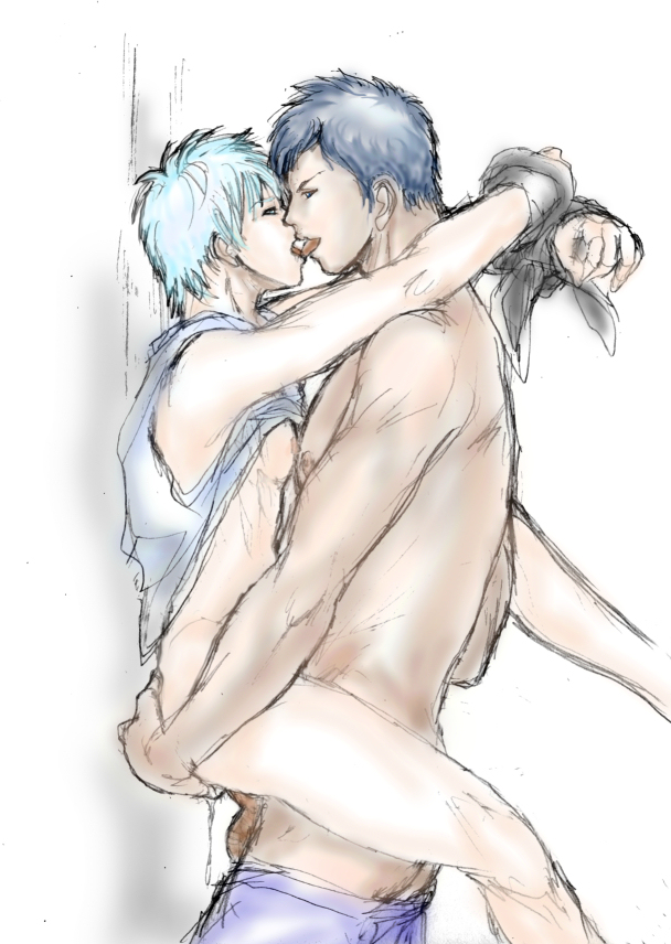 2boys against_wall anal aomine_daiki blue_eyes blue_hair bondage bottomless cum cum_in_ass gay kissing kuroko_no_basuke kuroko_tetsuya male sex topless yaoi