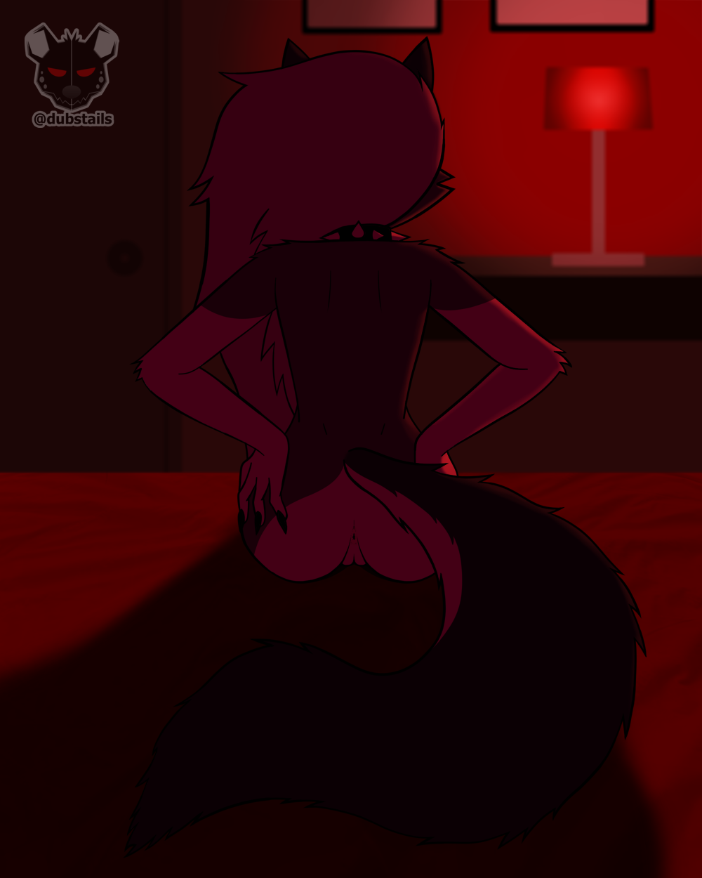 4:5 anthro anus ass black_and_red canid canid_demon canine colored demon digital_media_(artwork) drawing dubstails female female_anthro hellhound helluva_boss hi_res loona_(helluva_boss) mammal monochrome mythological_canine mythological_creature mythology solo