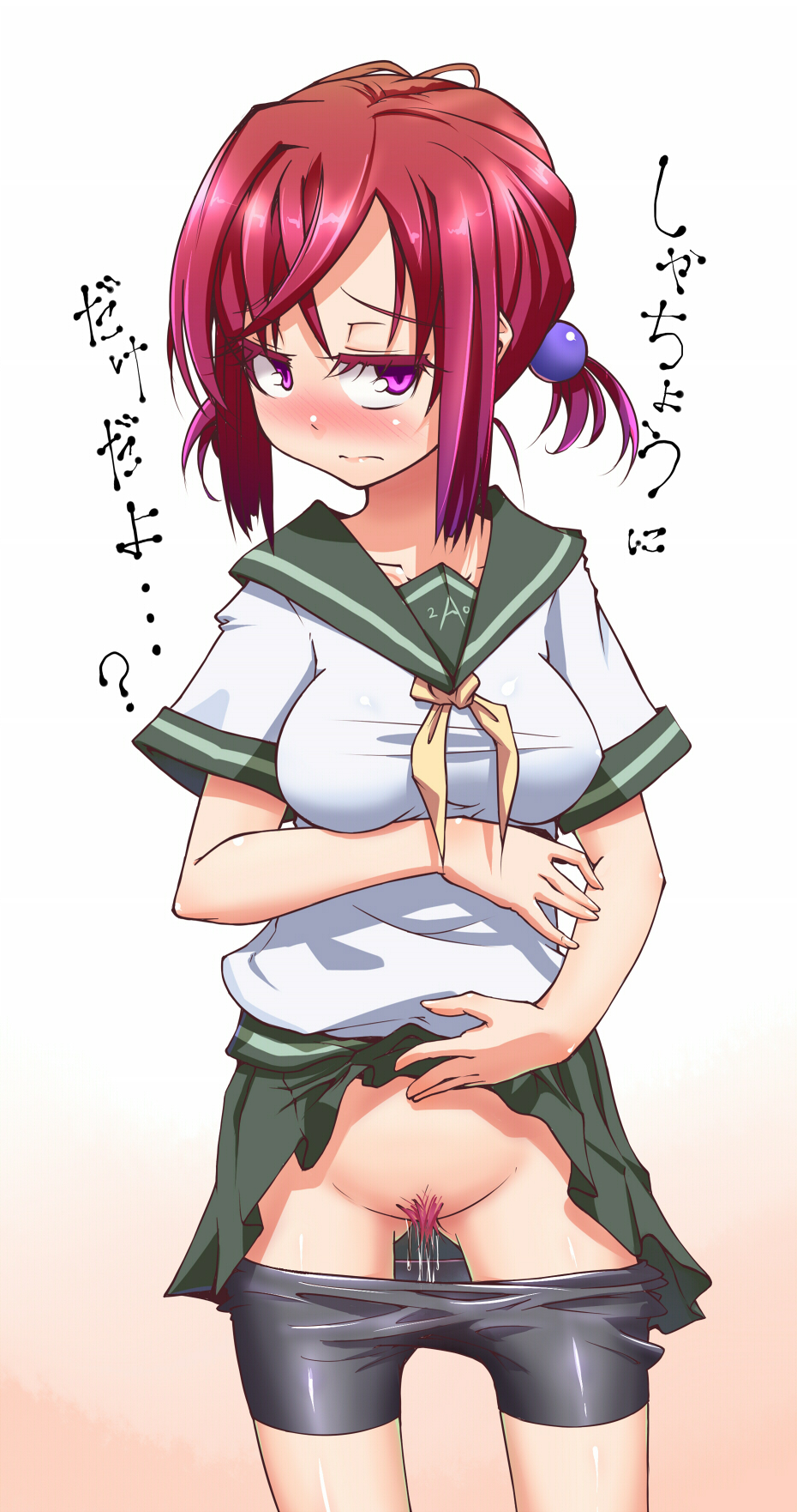 1girls aya_shachou bike_shorts blush breasts embarrassed gradient_hair hair_bobbles hair_ornament highres looking_at_viewer multicolored_hair original payot pink_eyes pink_hair pubic_hair pussy_juice school_uniform short_hair shorts shorts_pull skirt skirt_lift solo text translated translation_request