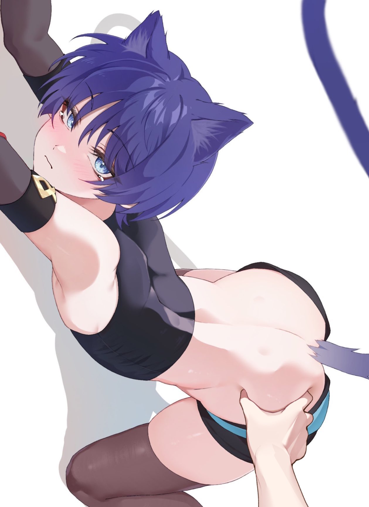 1boy animal_ears arched_back ass ass_grab ass_up blush blushing cat_ears cat_tail catboy chobonu clothing crop_top crossdressing cute feline femboy genshin_impact girly hand_on_ass hand_on_butt male_only scaramouche_(genshin_impact) small_waist solo solo_focus tagme thick_thighs thighhighs thighs top-down_bottom-up