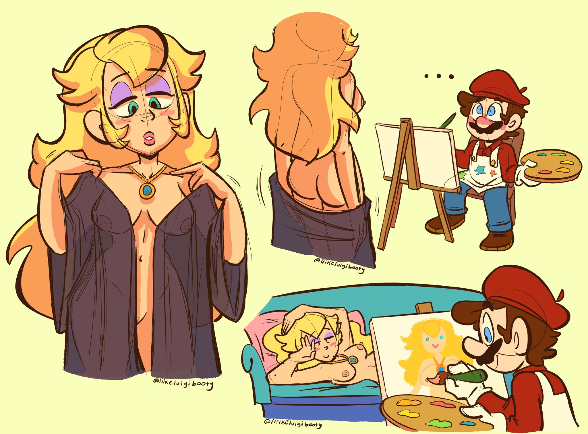 1boy, 1girls, ass, blushing, breasts, canon couple, draw me like one of your french girls, female, ilikeluigibooty, love, male, mario, mario (series), nipples, nipples visible through clothing, nude, painting, presenting breasts, princess peach, pussy, tagme, wholesome