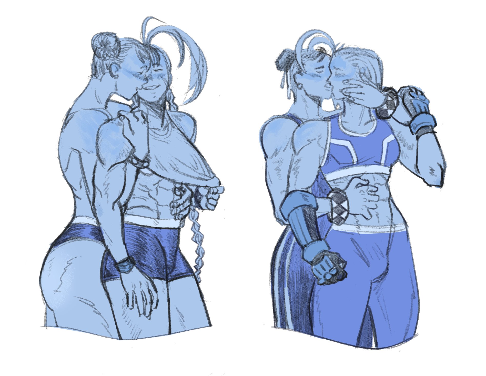 2girls, ahoge, arms around partner, black hair, blonde hair, blush, bracelet, braided hair, breasts, butch, cammy white, capcom, chun-li, closed eyes, color, earrings, female, female only, fully clothed, gloves, hair bun, hair ribbon, hand on another's arm, hand on another's face, hand on another's stomach, highres, kissing, looking at another, monochrome, multiple females, multiple girls, muscular, muscular female, romantic, romantic couple, scar, scar on face, shirt lift, short hair, smile, sports bra, sportswear, street fighter, street fighter 6, tied hair, toned, toned female, topless, underboob, underwear only, white background, wholesome, wrist cuffs, yee yyee, yuri