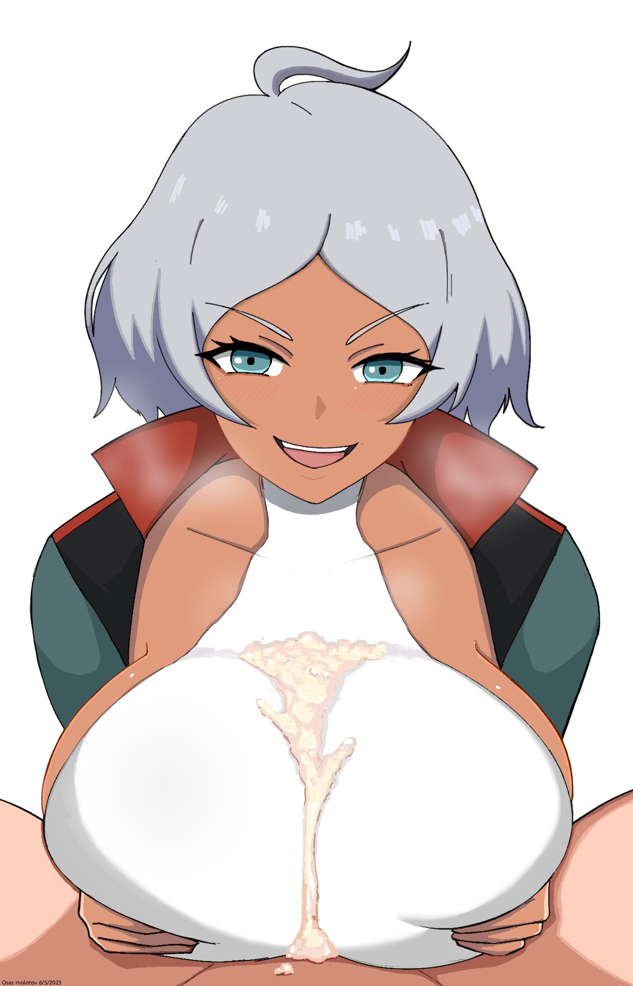 1boy 1girls blue_eyes breasts clothed_female_nude_male cum cum_between_breasts cum_through_clothes dark-skinned_female dark_skin grey_hair gundam gundam_suisei_no_majo huge_breasts light-skinned_male light_skin looking_at_viewer male_pov osas_molotov paizuri paizuri_lead_by_female paizuri_under_clothes pov secelia_dote