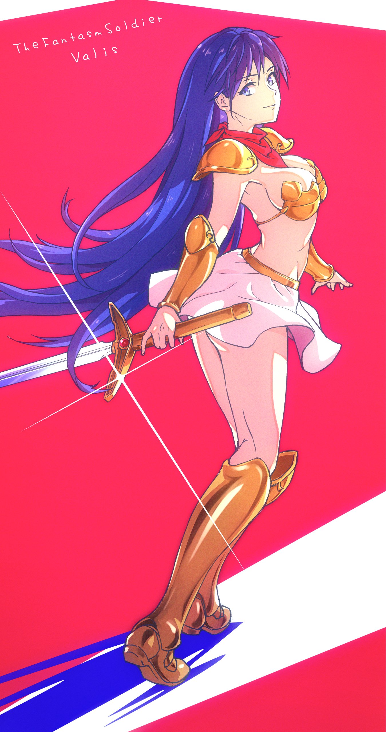 1girls armor armored_boots asou_yuuko ass big_ass big_breasts bikini_armor blue_eyes blue_hair boots breasts busty cleavage closed_mouth commentary_request copyright_name female female_only from_behind full_body gold_armor highres holding knee_boots large_breasts long_hair looking_at_viewer midriff miniskirt mugen_senshi_valis reverse_grip sensual shoulder_armor sideboob simple_background skirt sleeveless smile solo sword tamago_tomato thighs vambraces voluptuous weapon white_skirt