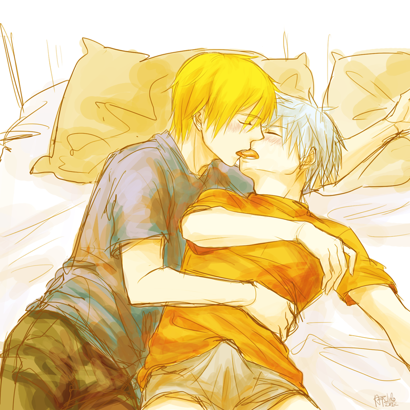 2boys blue_hair blush clothed_erection gay hug kise_ryouta kissing kuroko_no_basuke kuroko_tetsuya male male_only multiple_boys yaoi