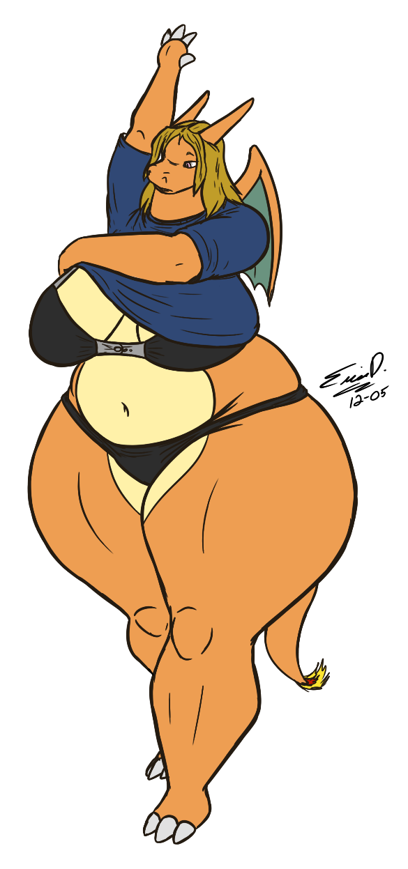 anthro bra breasts brown_hair charizard chubby cleavage eddy_okapi female fire hair nintendo pink_eyes pokemon pokemon_(species) skimpy solo thick_thighs thighs wide_hips wings